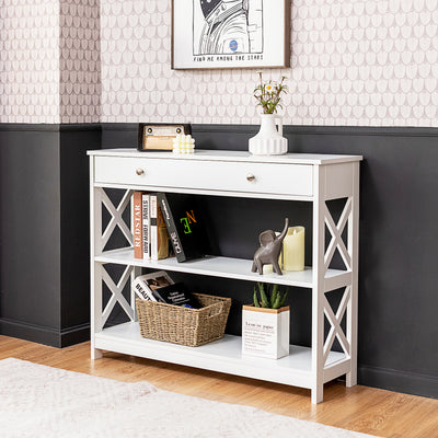 Console Table 3-Tier with Drawer and Storage Shelves-White 