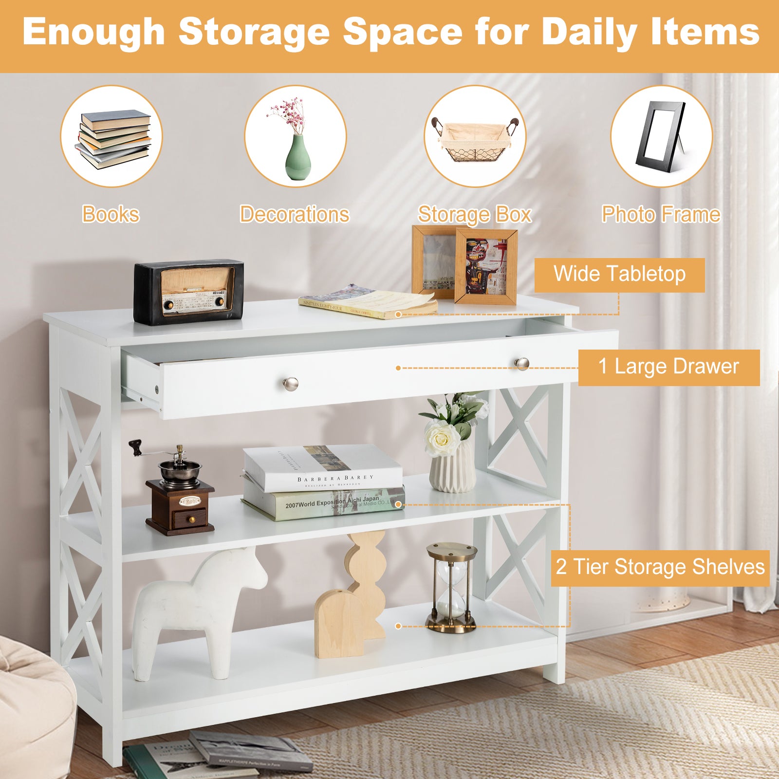 Console Table 3-Tier with Drawer and Storage Shelves-White 