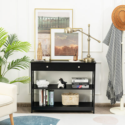 Console Table 3-Tier with Drawer and Storage Shelves-Black 