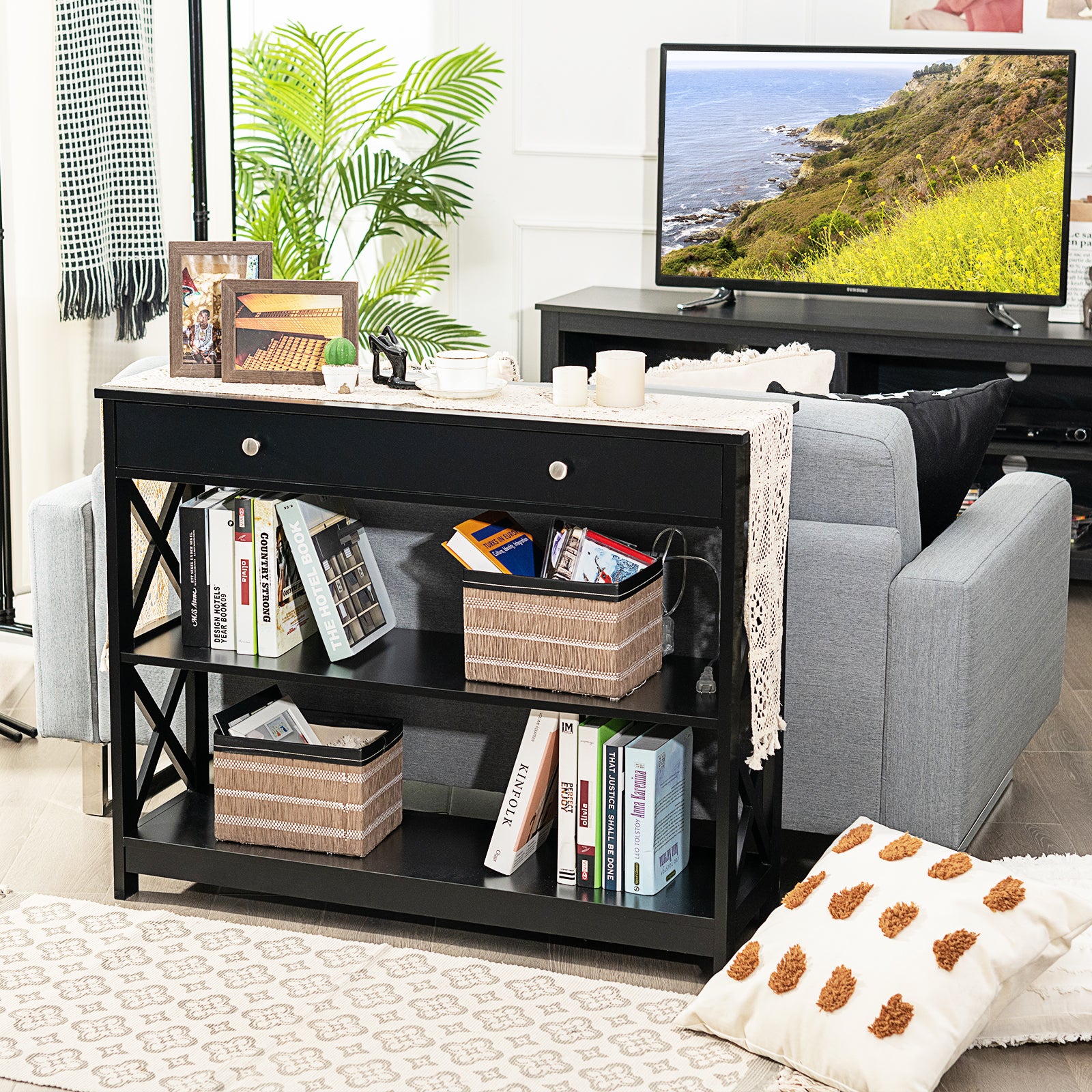 Console Table 3-Tier with Drawer and Storage Shelves-Black