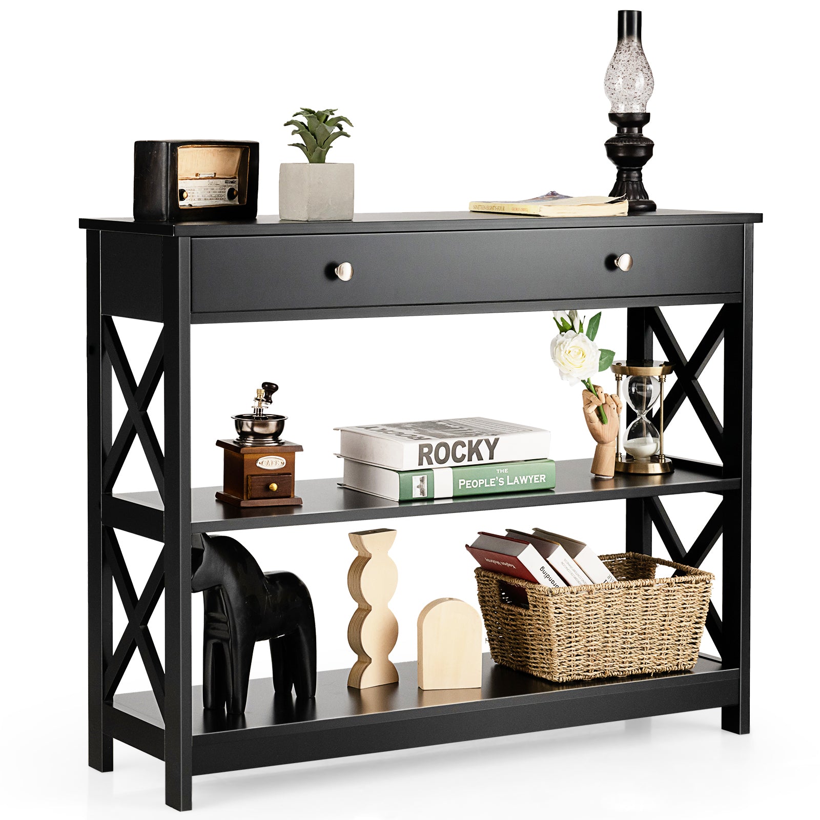 Console Table 3-Tier with Drawer and Storage Shelves-Black 