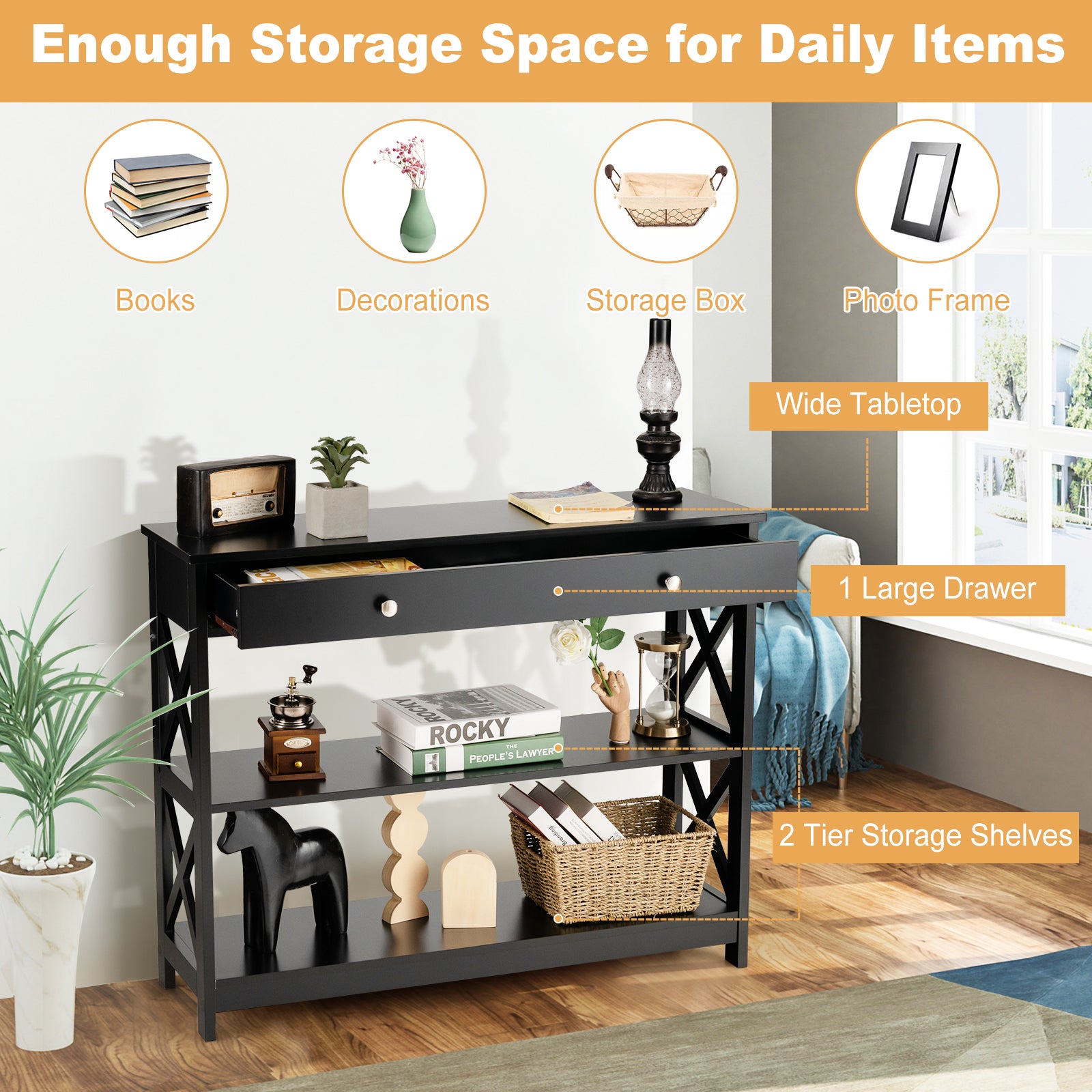 Console Table 3-Tier with Drawer and Storage Shelves-Black 