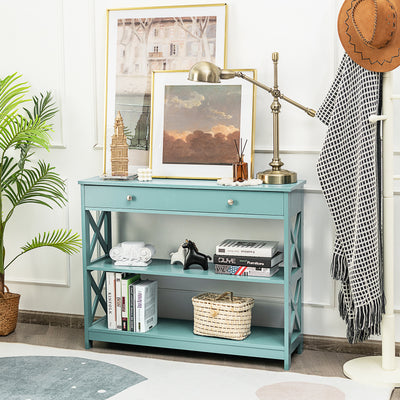 Console Table 3-Tier with Drawer and Storage Shelves-Turquoise 