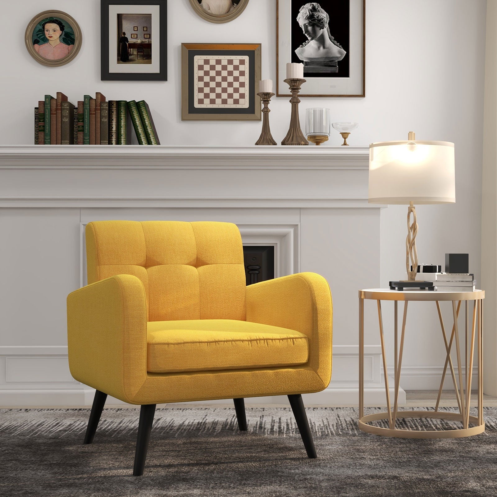 Modern Upholstered Comfy Accent Chair Single Sofa with Rubber Wood Legs-YellowÂ 