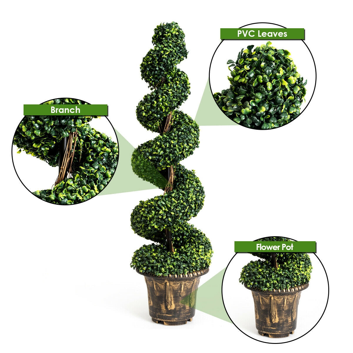 2 Pieces 4 Feet Artificial Decor Green Boxwood Spiral Tree Set