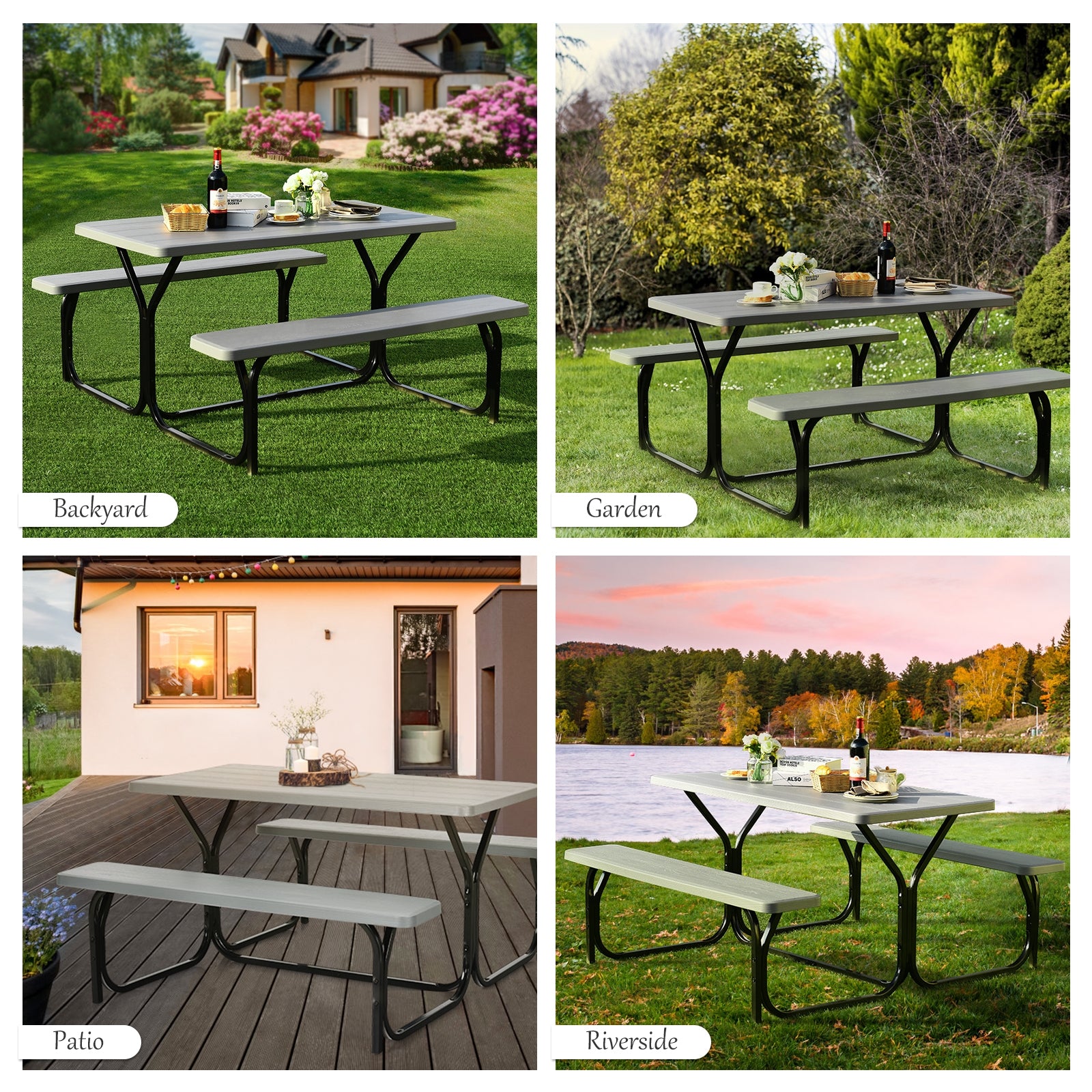 Picnic Table Bench Set for Outdoor Camping -Gray