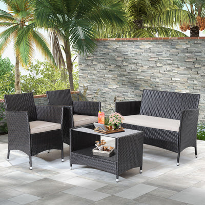 4 Pieces Patio Conversation Set with Soft Cushions and Tempered Glass TabletopÂ 