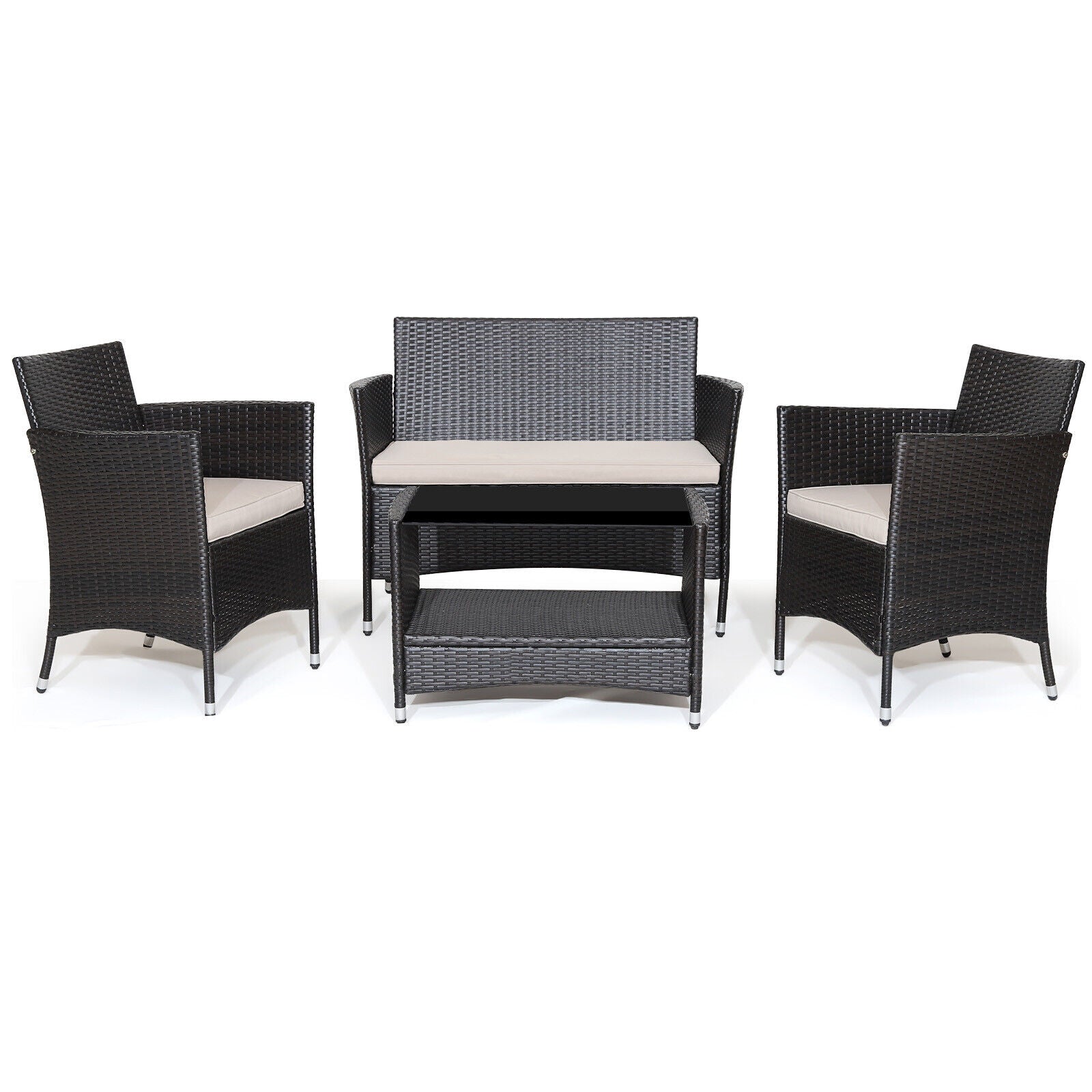 4 Pieces Patio Conversation Set with Soft Cushions and Tempered Glass TabletopÂ 