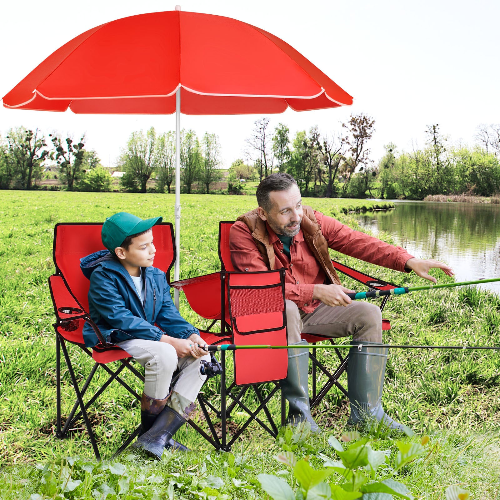 Portable Folding Picnic Double Chair With Umbrella-Red