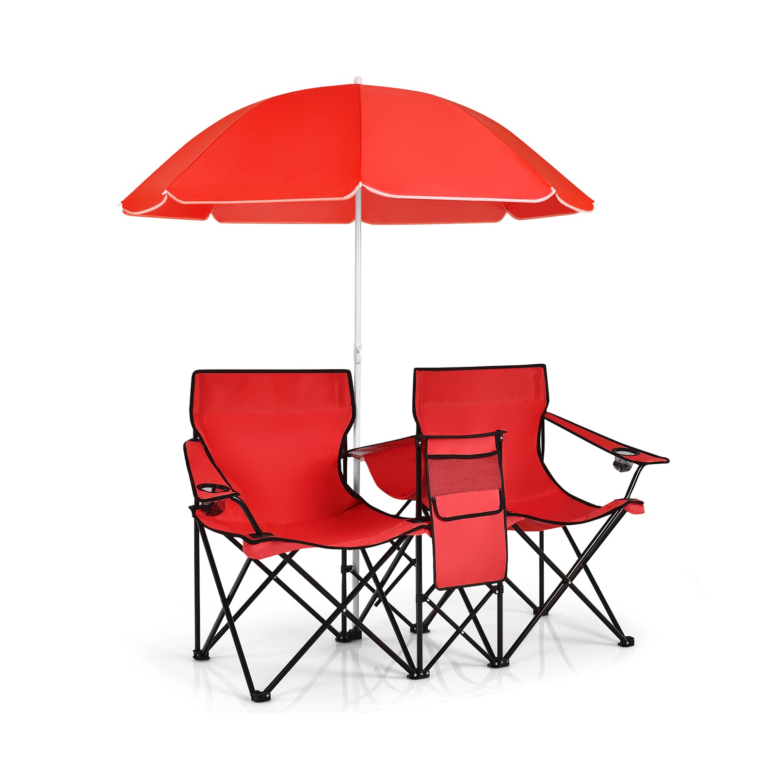 Portable Folding Picnic Double Chair With Umbrella-Red