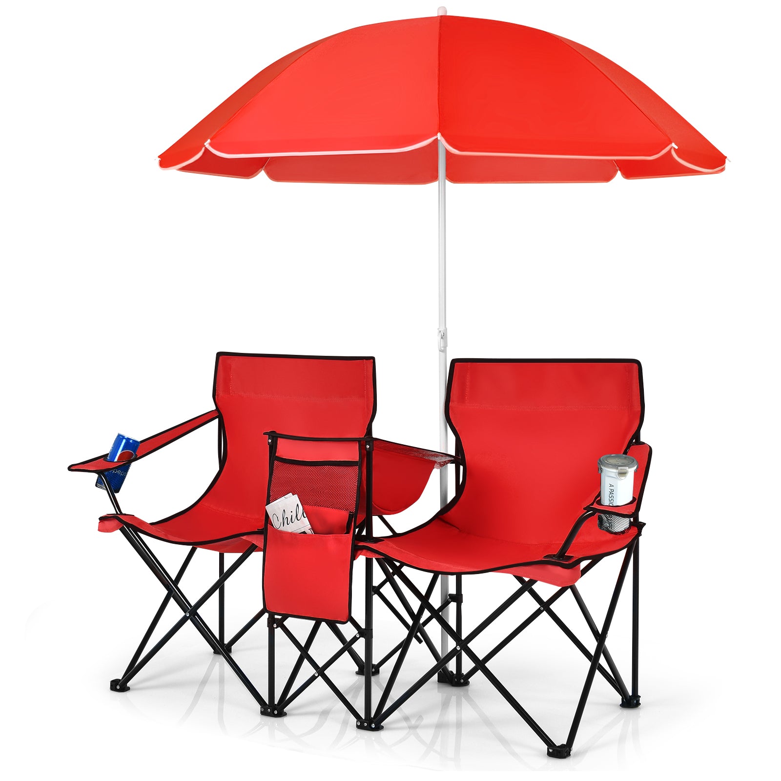 Portable Folding Picnic Double Chair With Umbrella-Red 