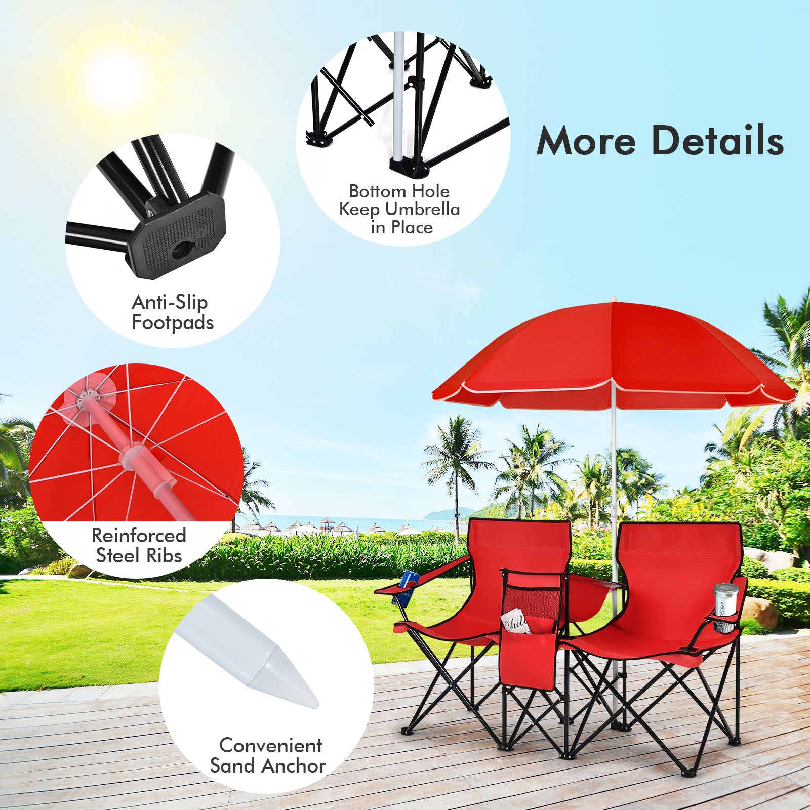 Portable Folding Picnic Double Chair With Umbrella-Red 