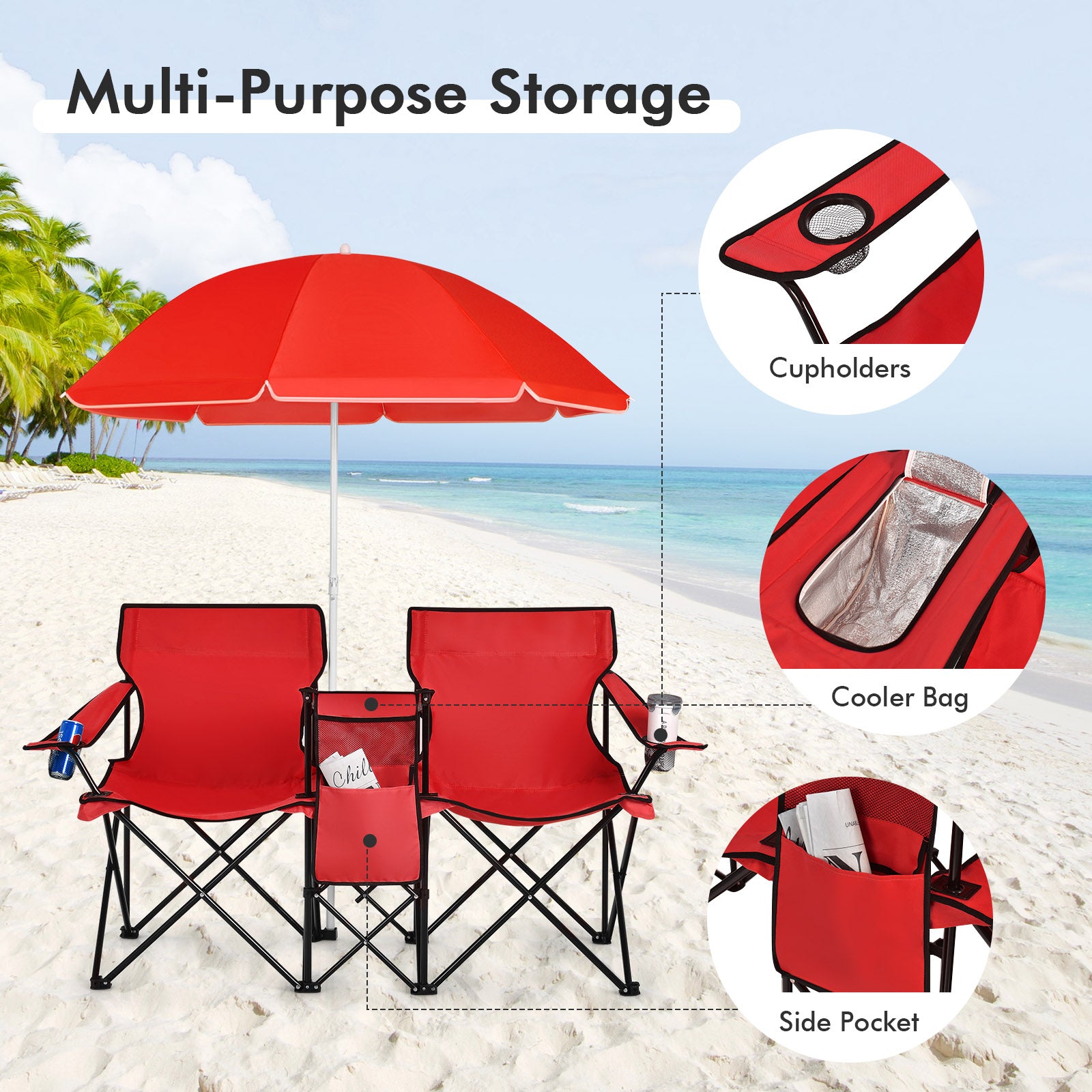 Portable Folding Picnic Double Chair With Umbrella-Red 