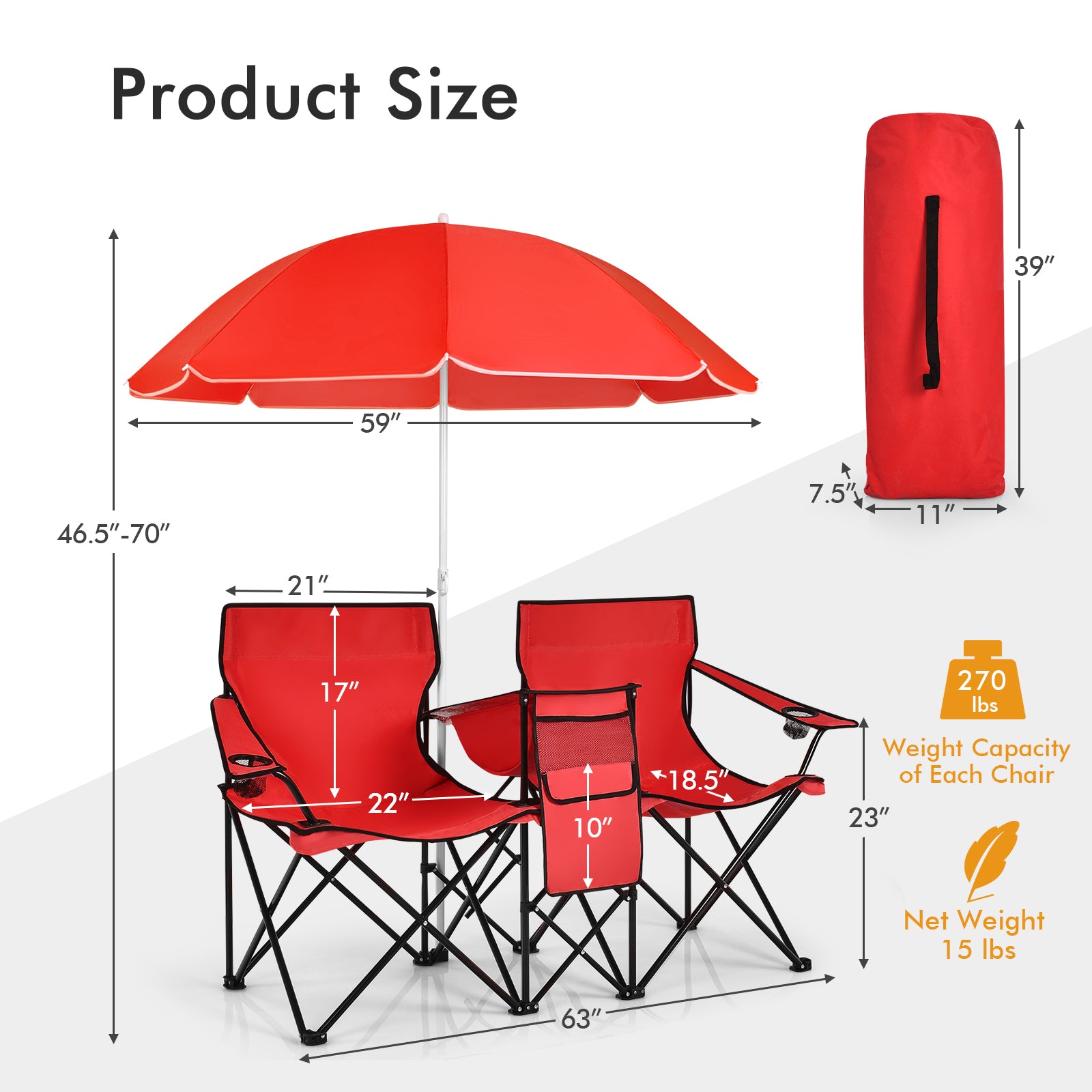 Portable Folding Picnic Double Chair With Umbrella-Red 