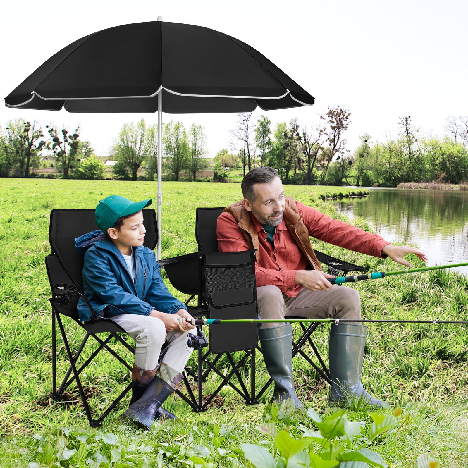 Portable Folding Picnic Double Chair With Umbrella-Black