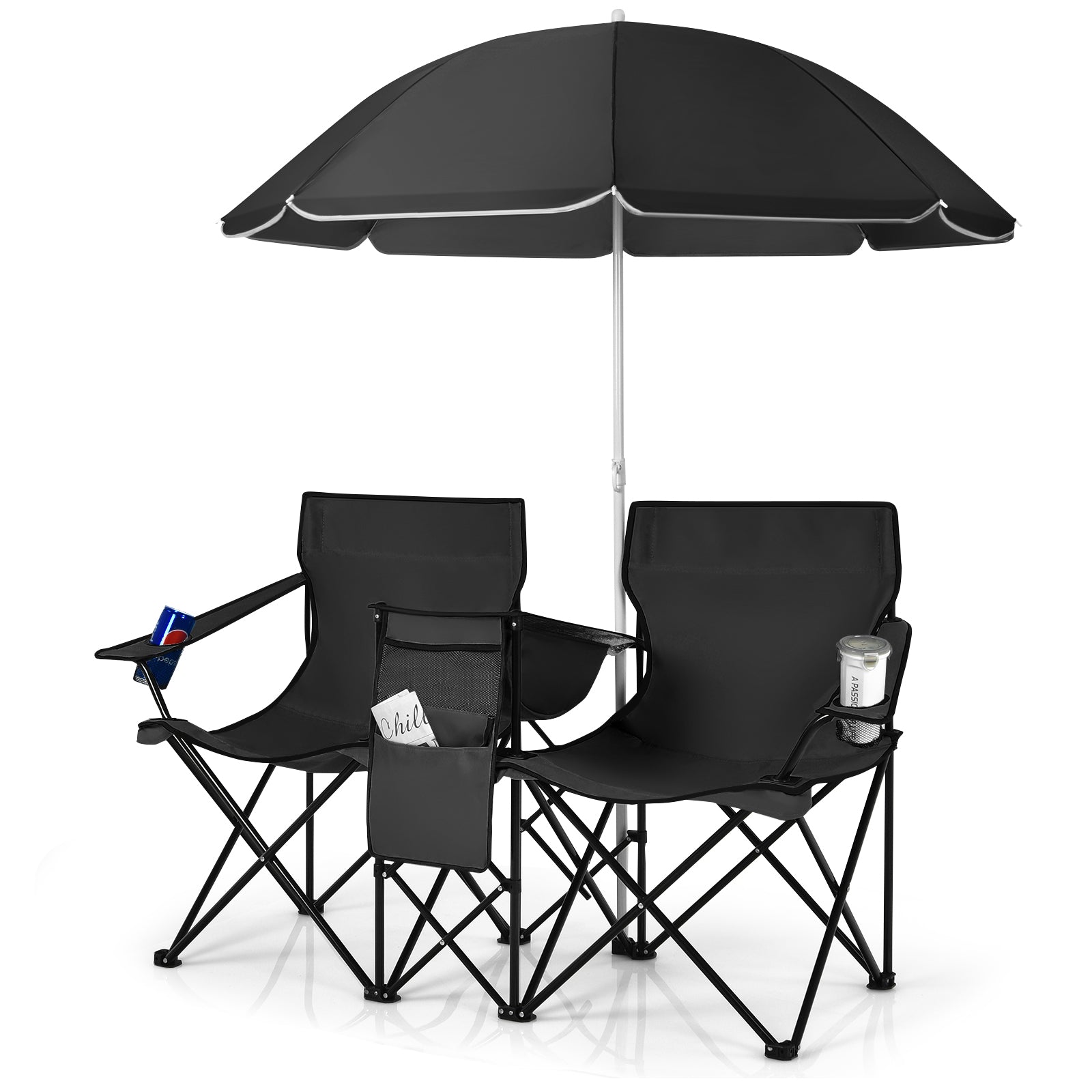 Portable Folding Picnic Double Chair With Umbrella-Black