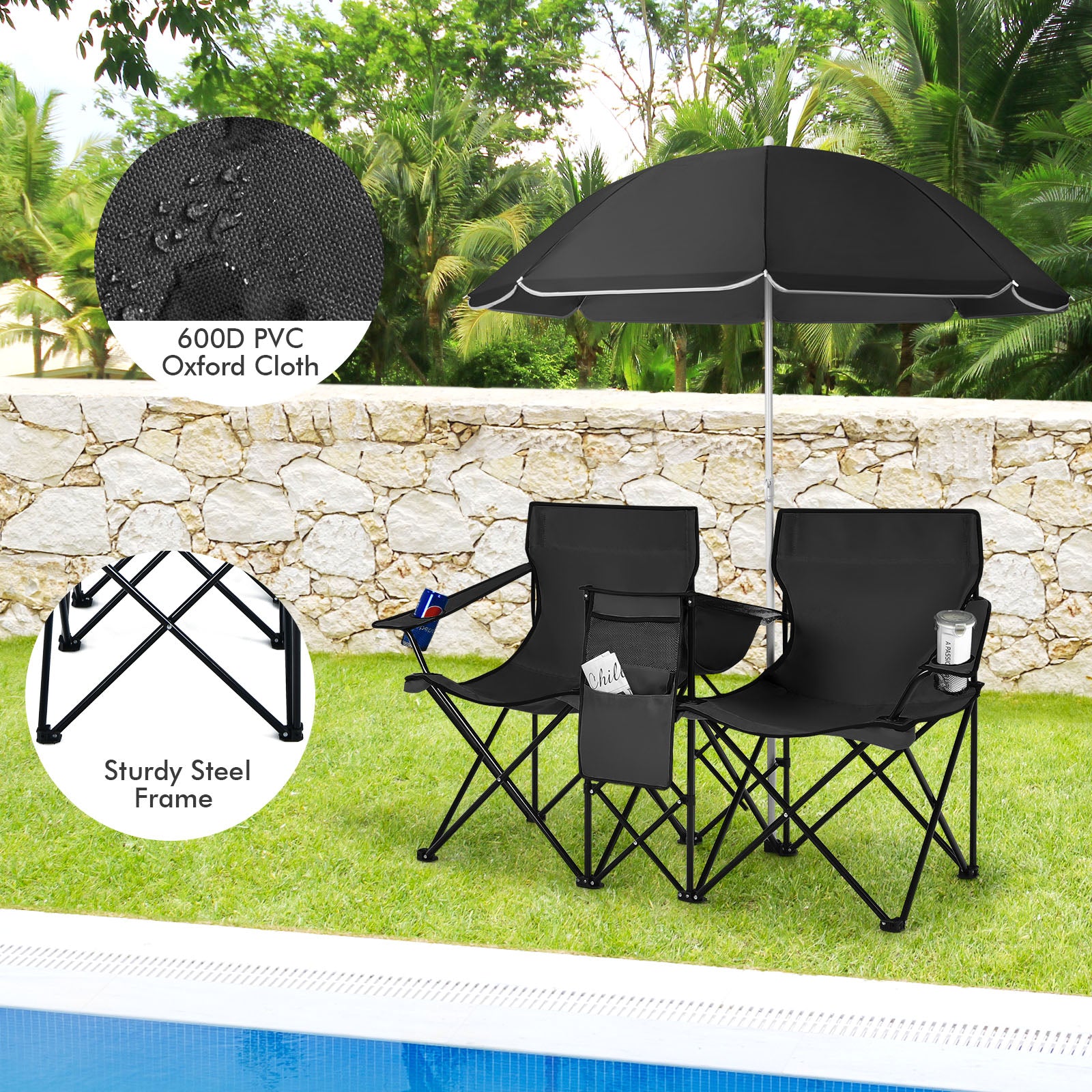 Portable Folding Picnic Double Chair With Umbrella-Black