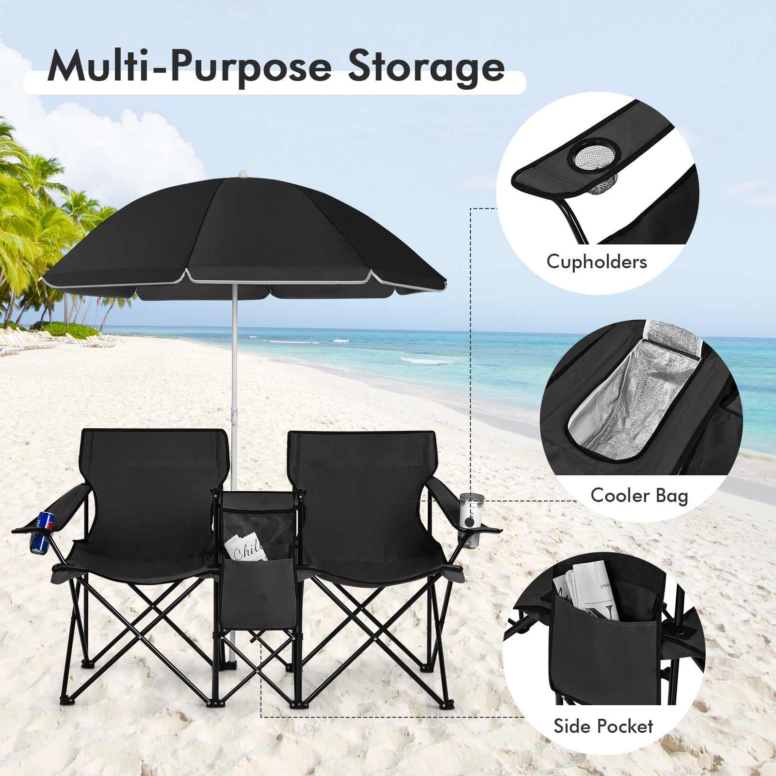 Portable Folding Picnic Double Chair With Umbrella-Black