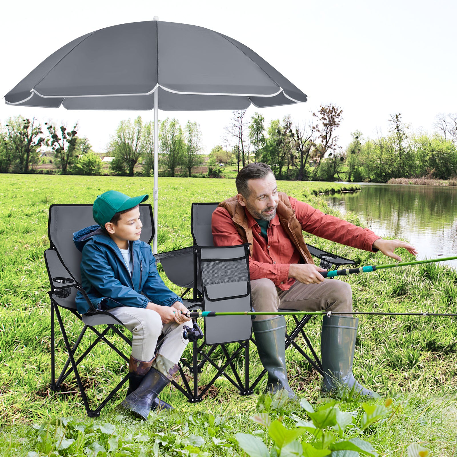 Portable Folding Picnic Double Chair With Umbrella-Gray