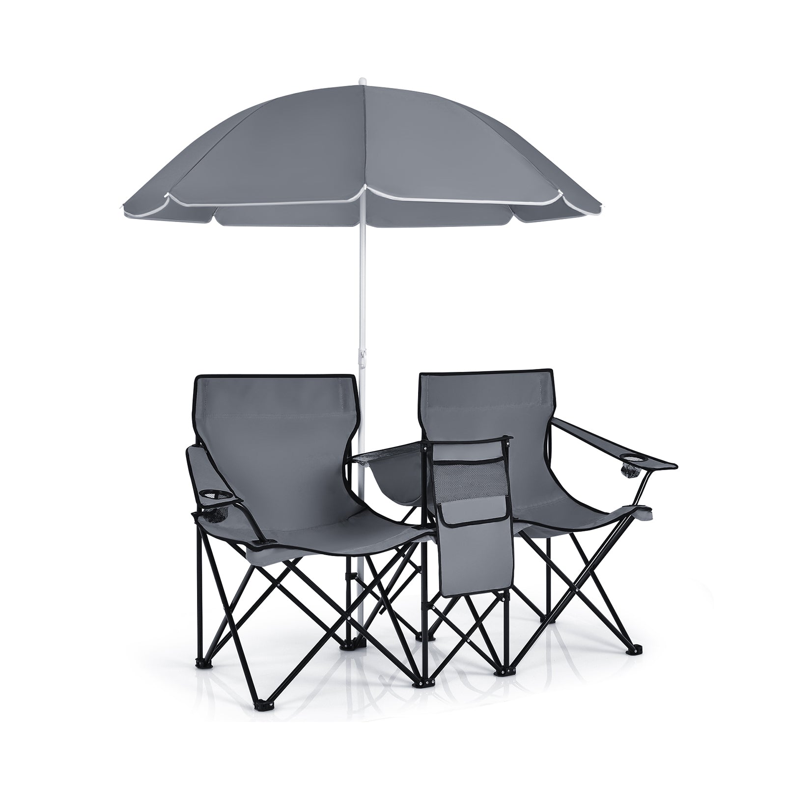 Portable Folding Picnic Double Chair With Umbrella-Gray