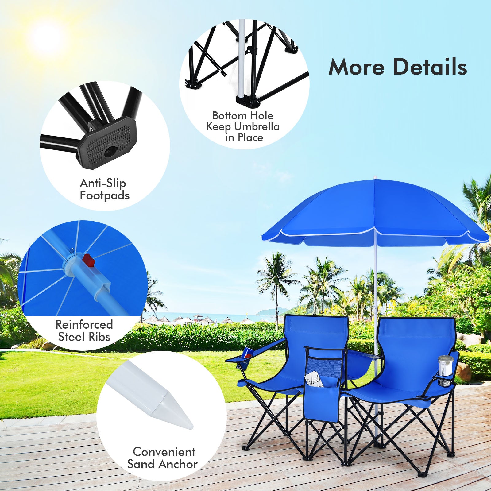 Portable Folding Picnic Double Chair with Umbrella-BlueÂ 