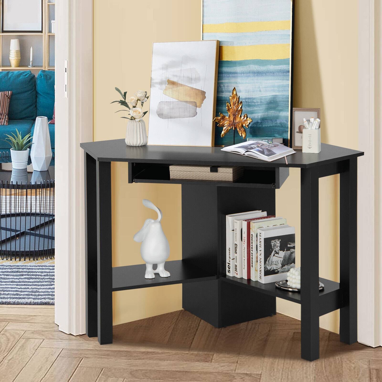 Wooden Study Computer Corner Desk with Drawer-BlackÂ 