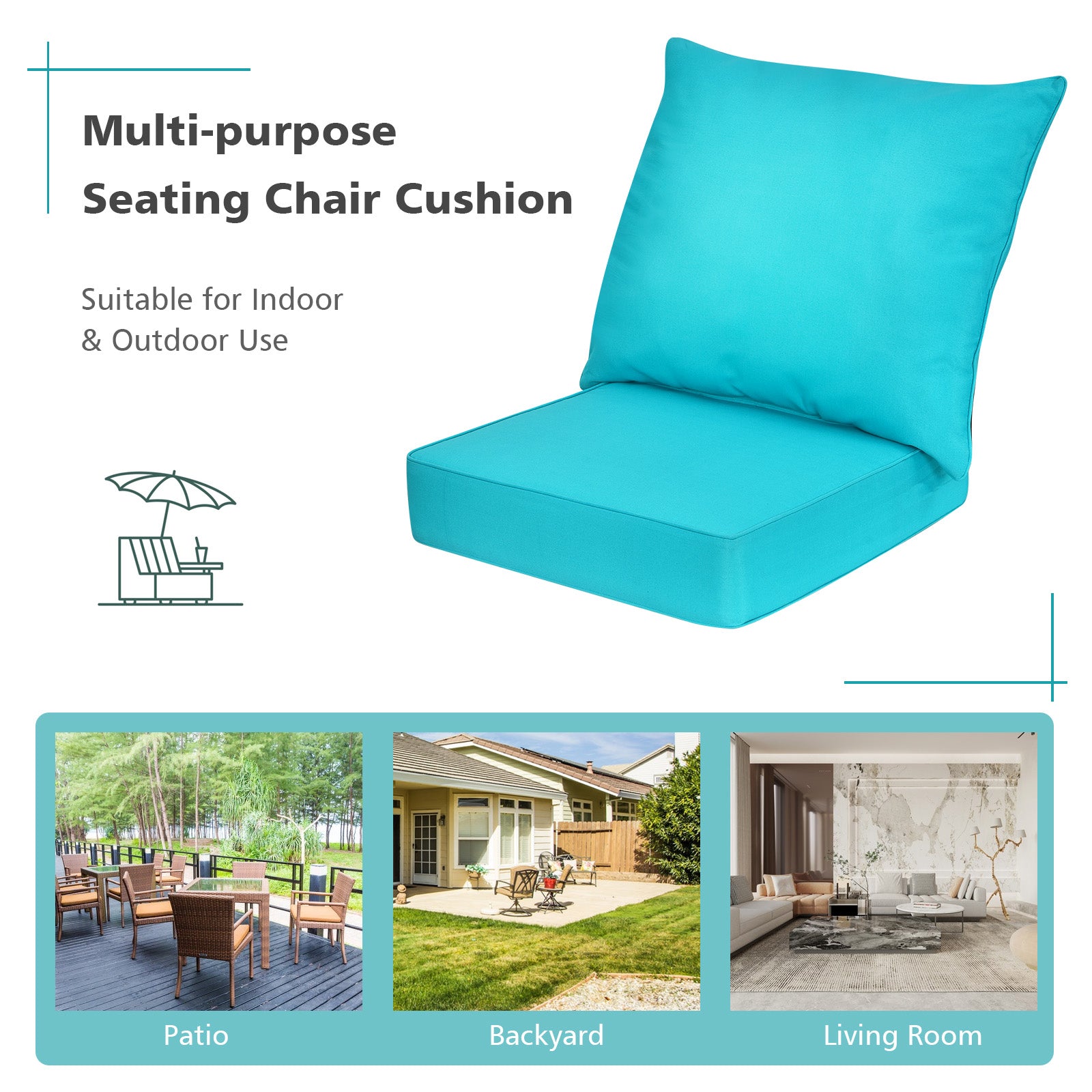 Deep Seat Chair Cushion Pads Set with Rope Belts for Indoor and Outdoor-Turquoise