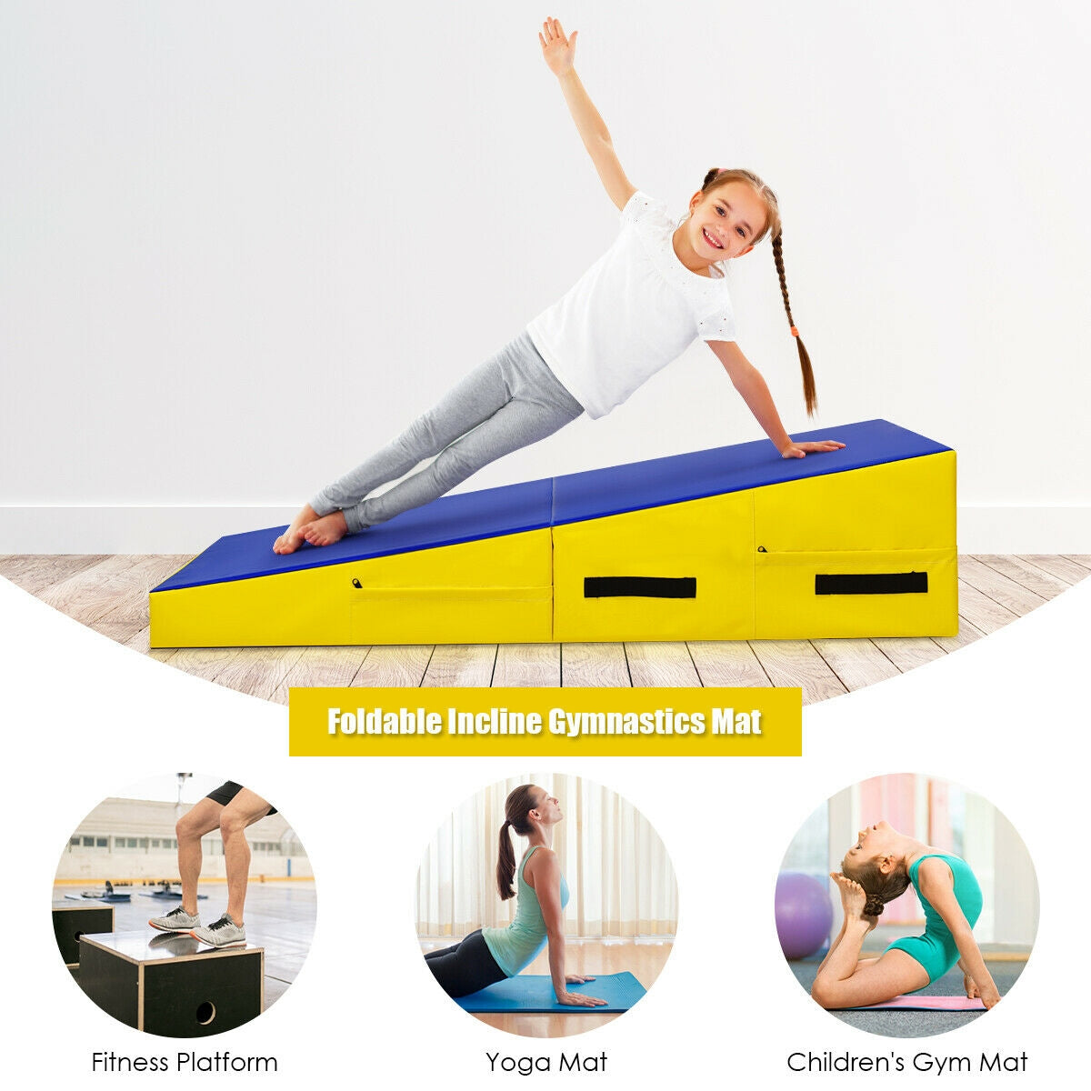 Folding Incline Mat Slope Cheese Gymnastics Gym Exercise-Yellow