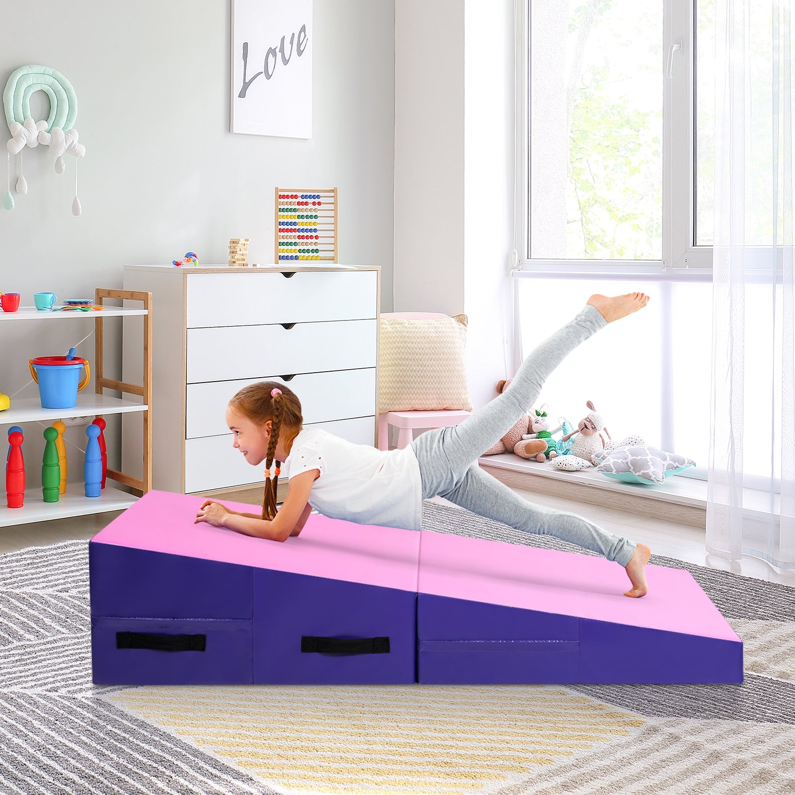 Folding Incline Tumbling Wedge Gymnastics Mat-Pink