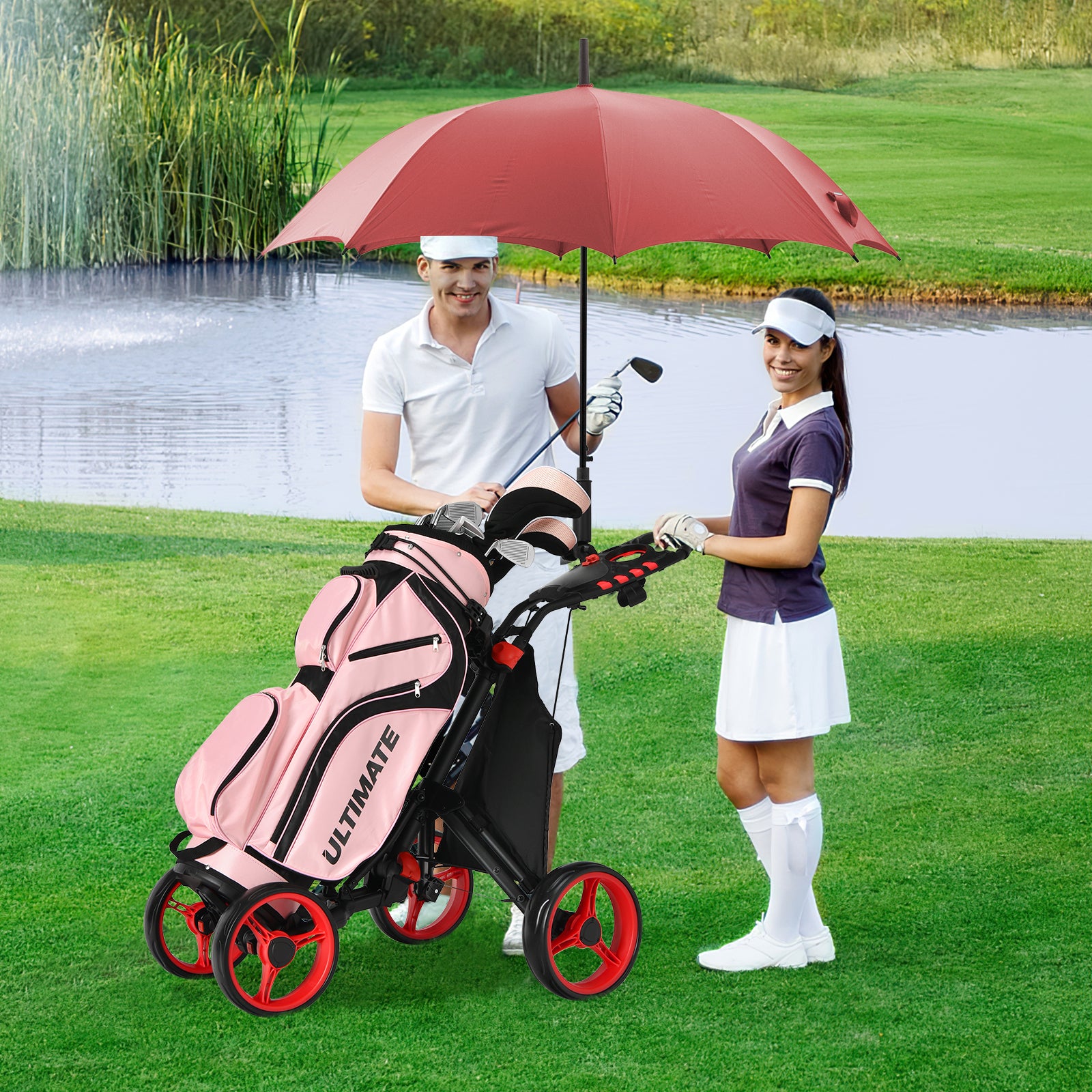 Lightweight Foldable Collapsible 4 Wheels Golf Push Cart-Red