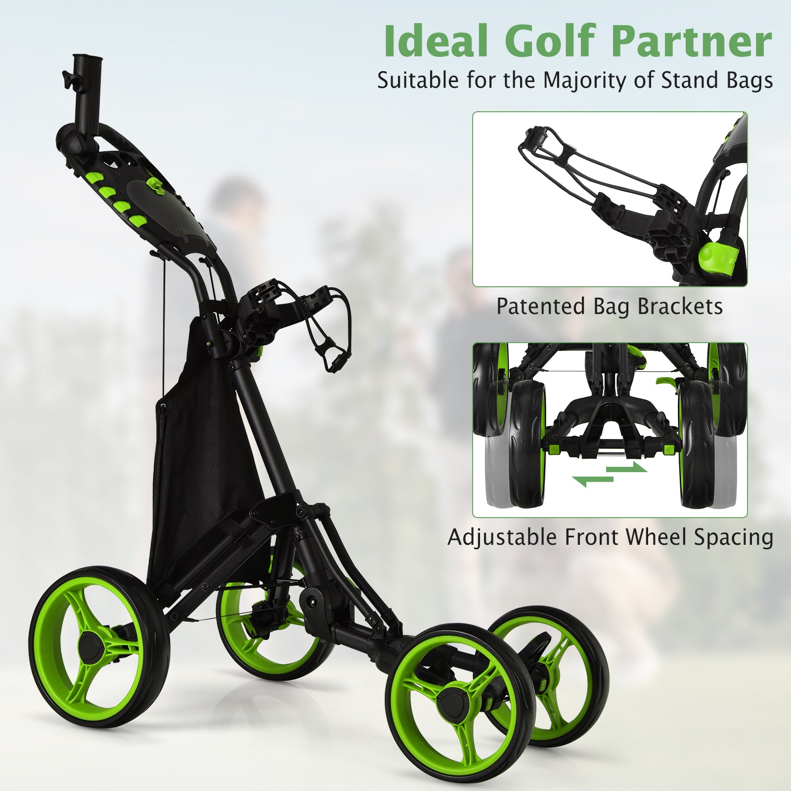 Lightweight Foldable Collapsible 4 Wheels Golf Push Cart-Green