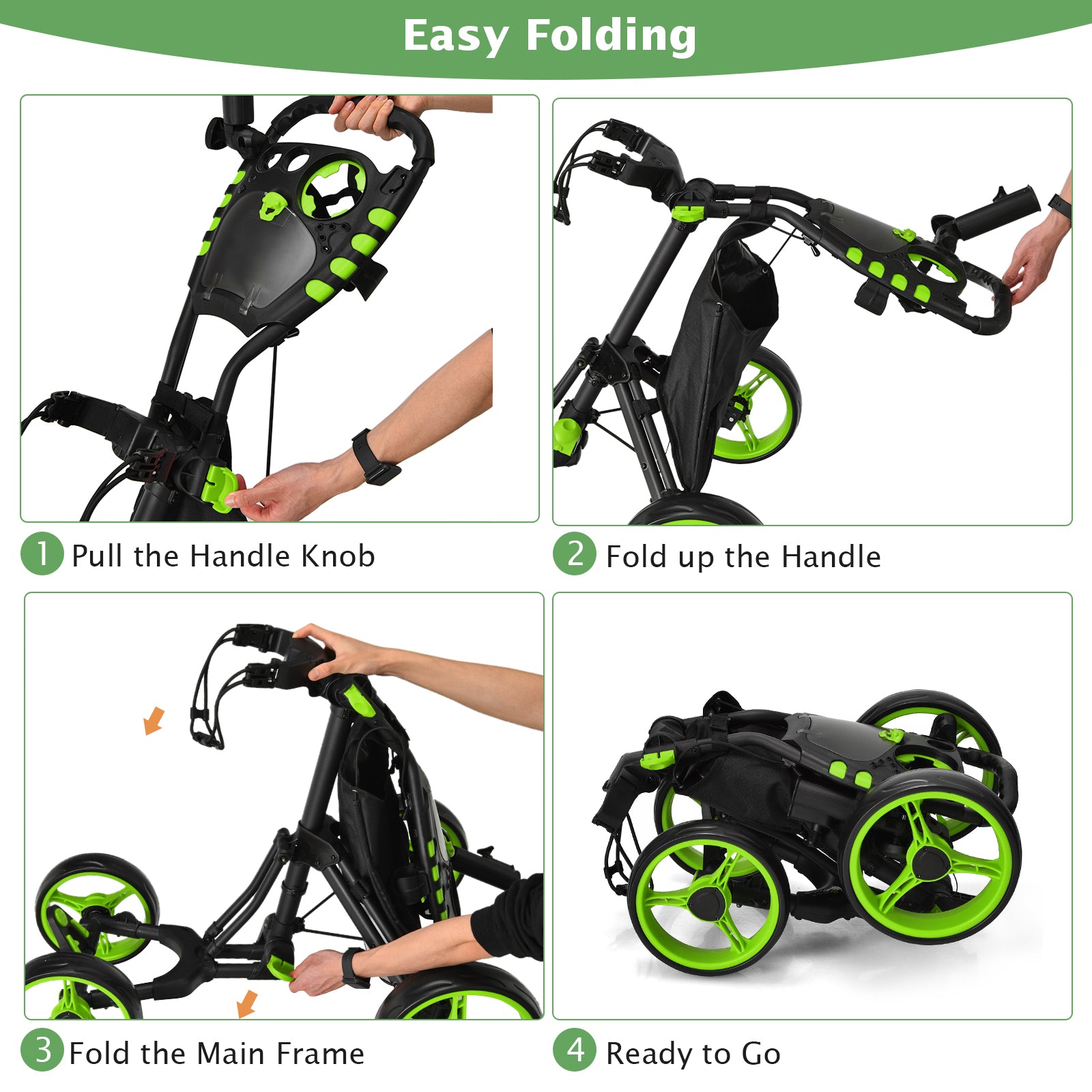 Lightweight Foldable Collapsible 4 Wheels Golf Push Cart-Green