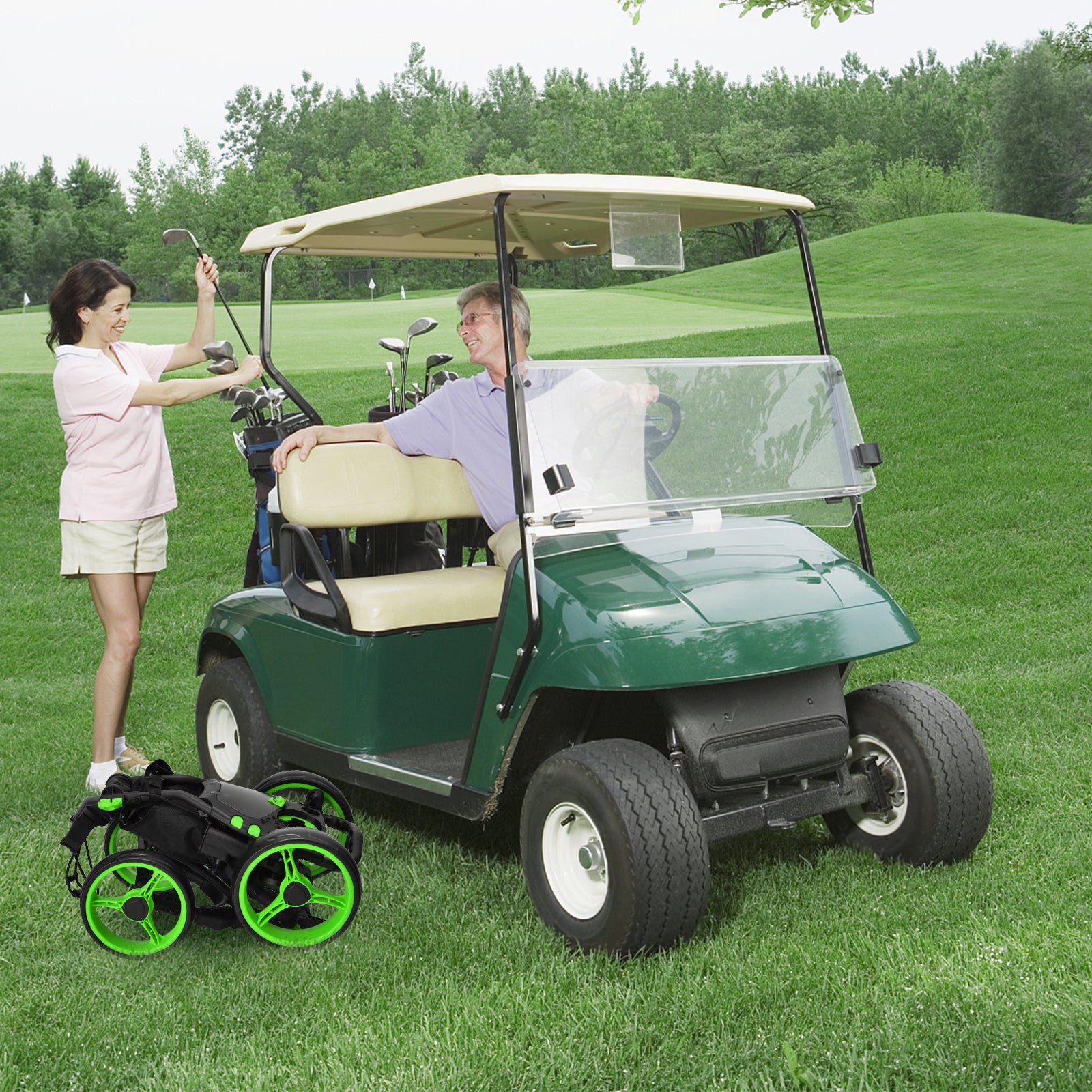 Lightweight Foldable Collapsible 4 Wheels Golf Push Cart-Green