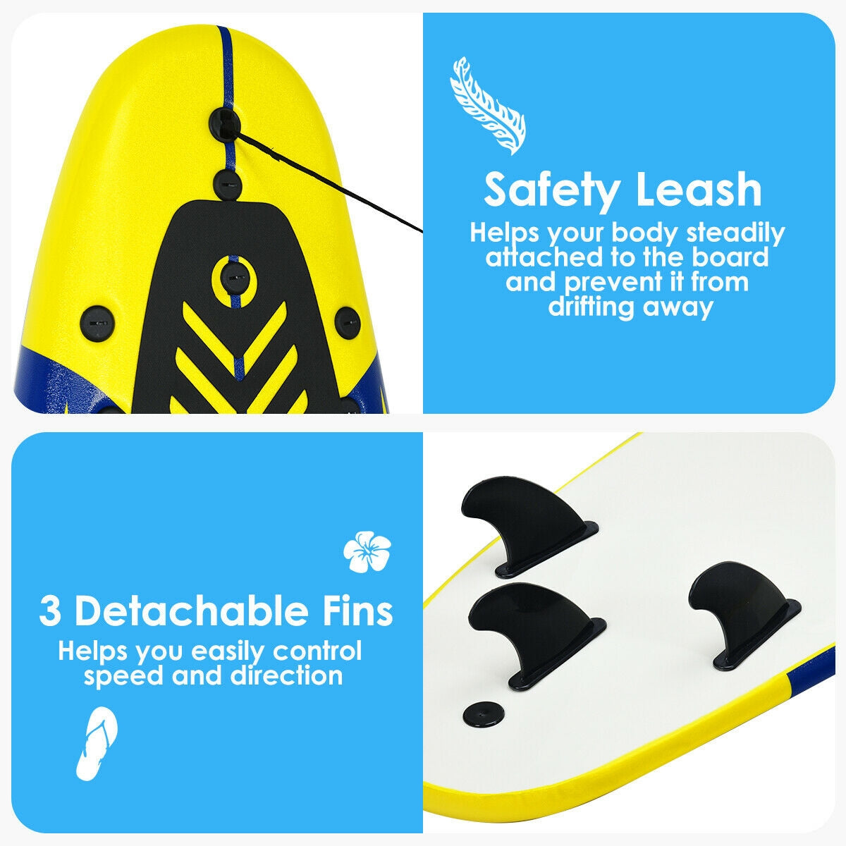 6 Feet Surfboard with 3 Detachable Fins-YellowÂ 