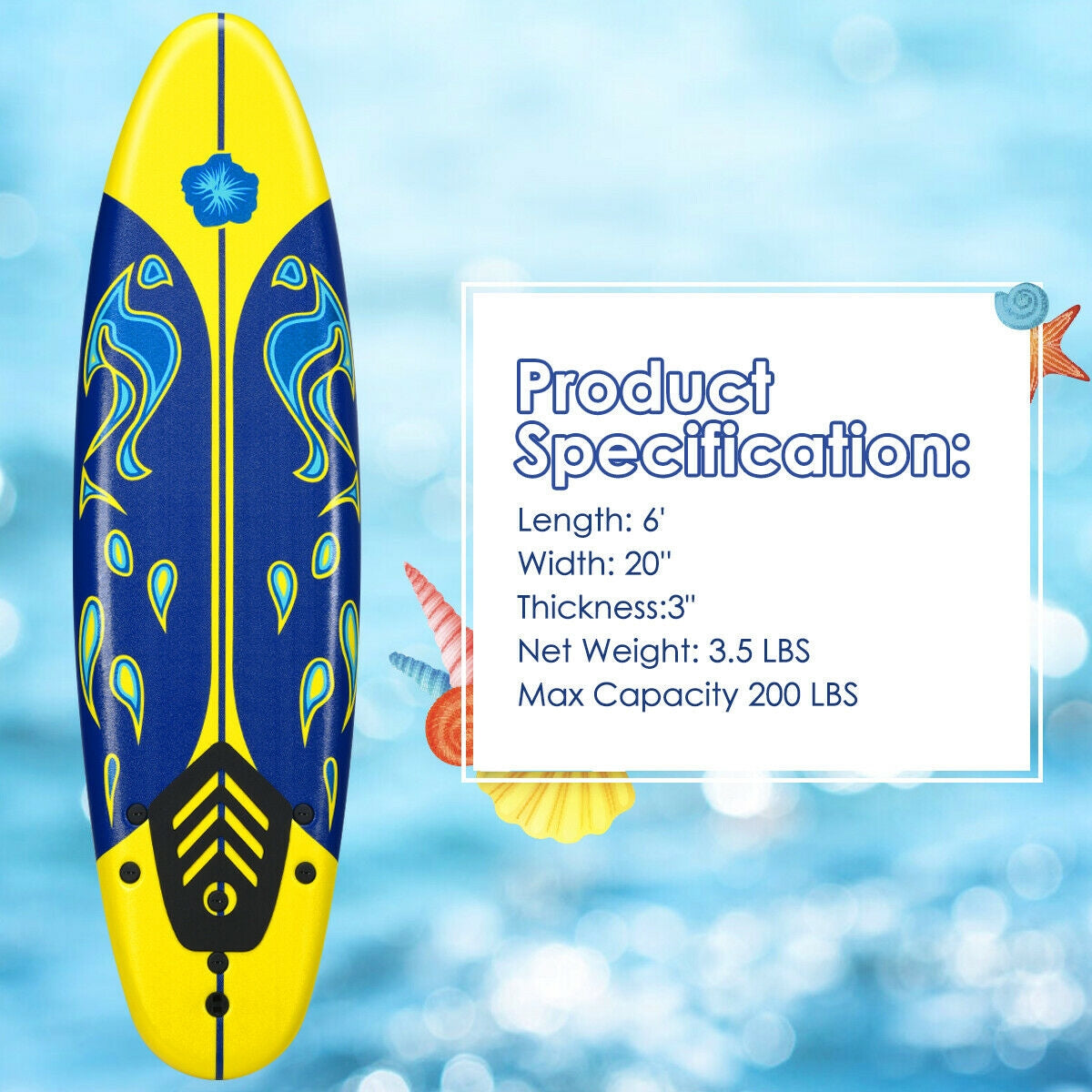 6 Feet Surfboard with 3 Detachable Fins-YellowÂ 