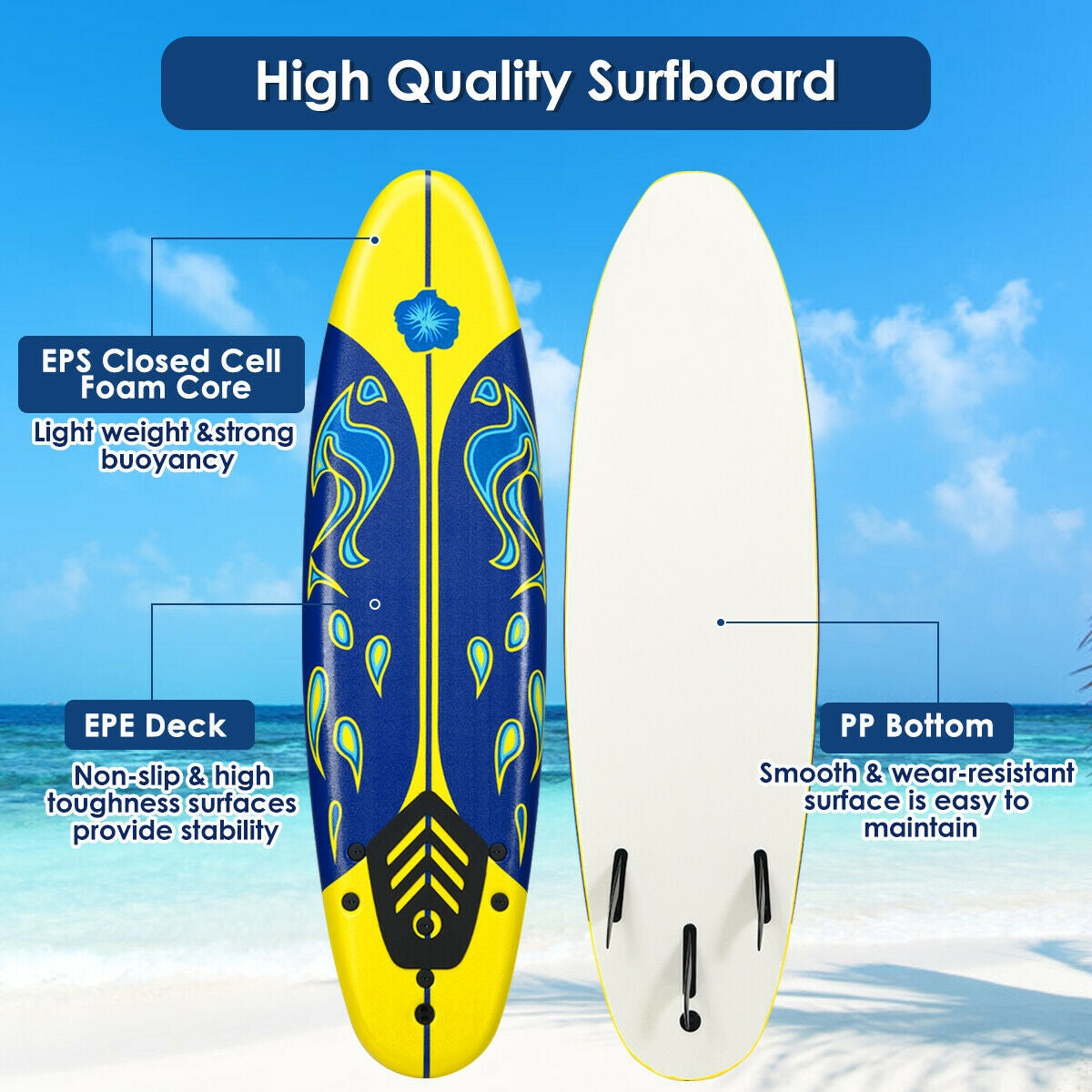 6 Feet Surfboard with 3 Detachable Fins-YellowÂ 