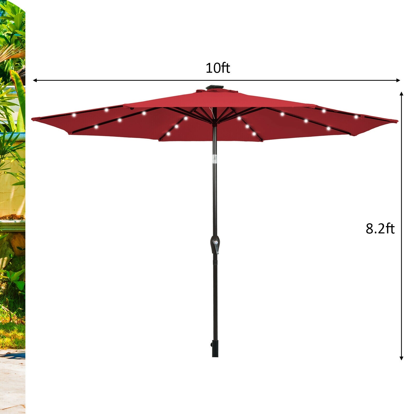 10' Solar LED Lighted Patio Market Umbrella Shade Tilt Adjustment Crank-Burgundy