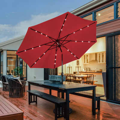 10' Solar LED Lighted Patio Market Umbrella Shade Tilt Adjustment Crank-Burgundy 