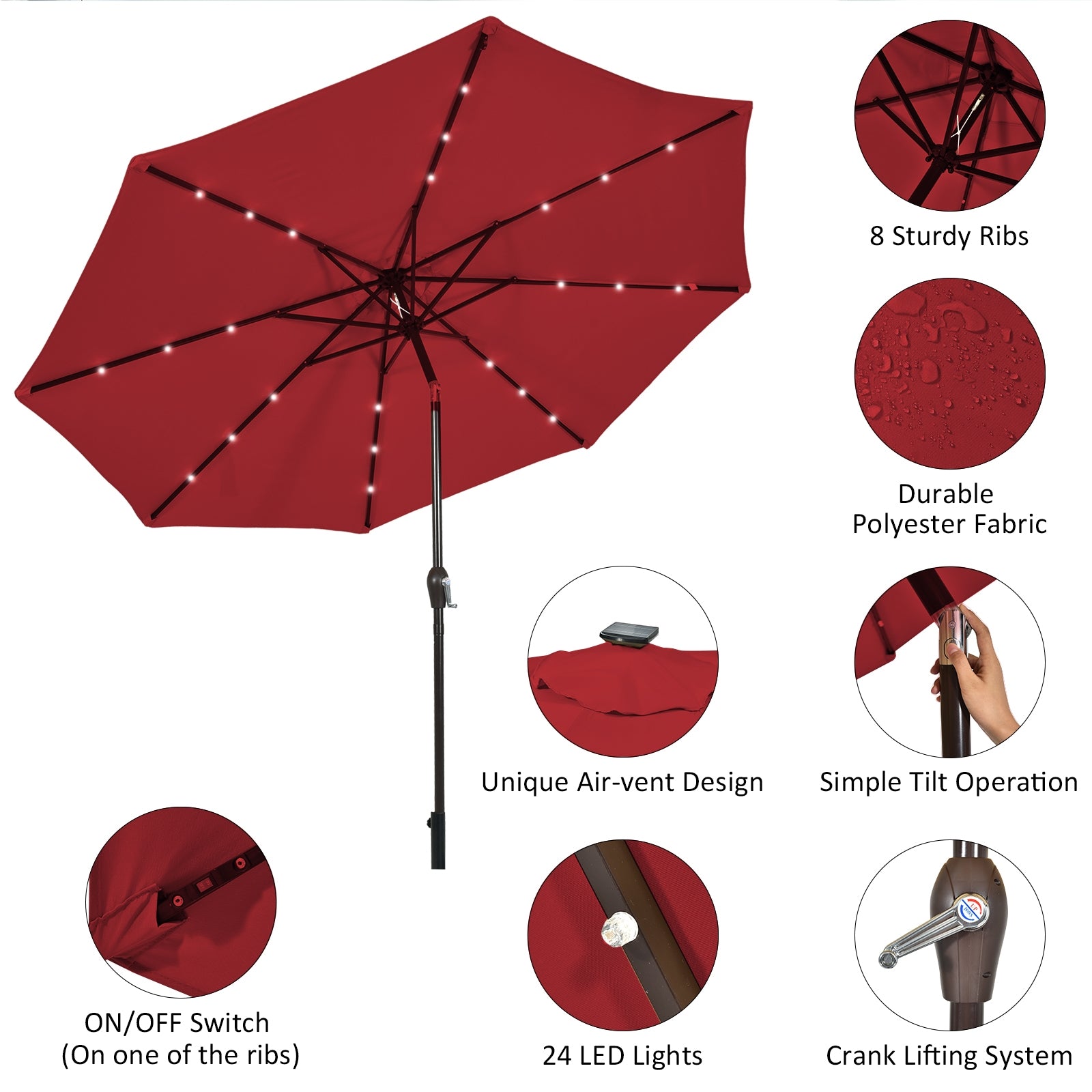 10' Solar LED Lighted Patio Market Umbrella Shade Tilt Adjustment Crank-Burgundy