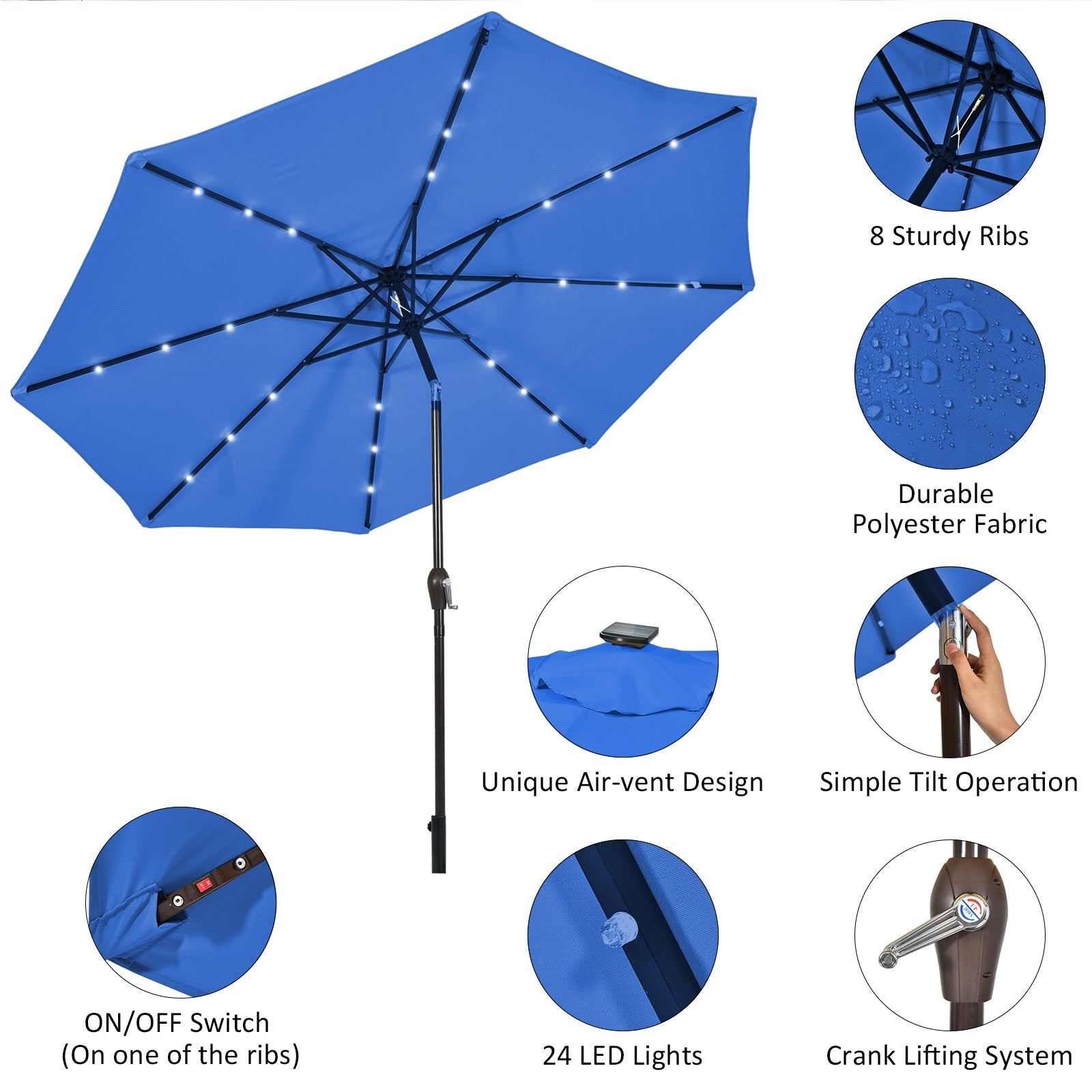 10' Solar LED Lighted Patio Market Umbrella Shade Tilt Adjustment Crank-Blue