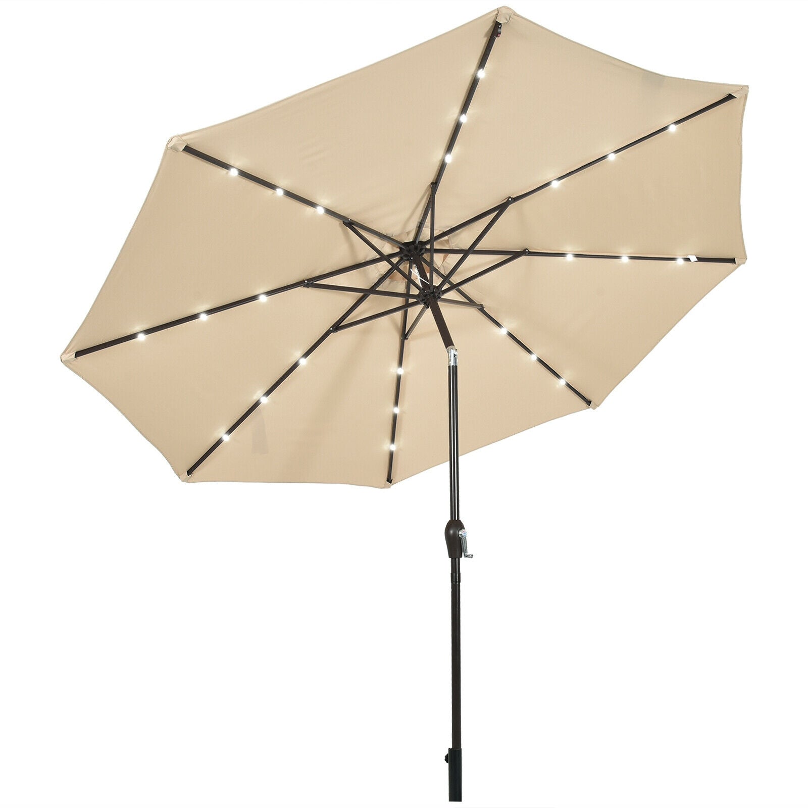 10' Solar LED Lighted Patio Market Umbrella Shade Tilt Adjustment Crank-Beige