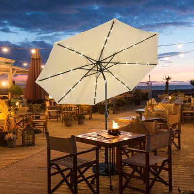10' Solar LED Lighted Patio Market Umbrella Shade Tilt Adjustment Crank-Beige 