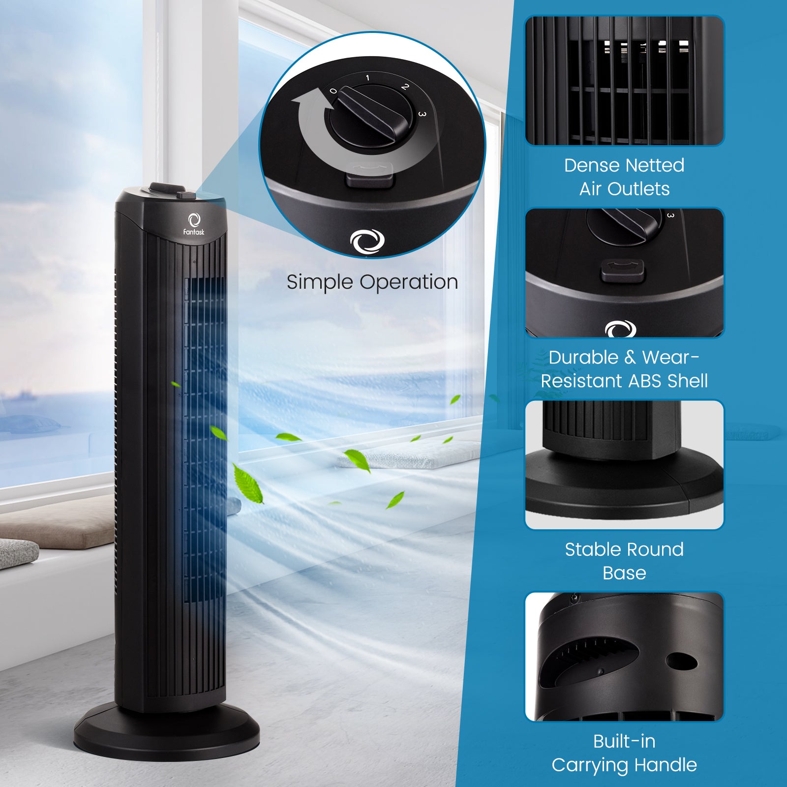 Fantask 35W 28 Inch Quiet Bladeless Oscillating Tower Fan-BlackÂ 