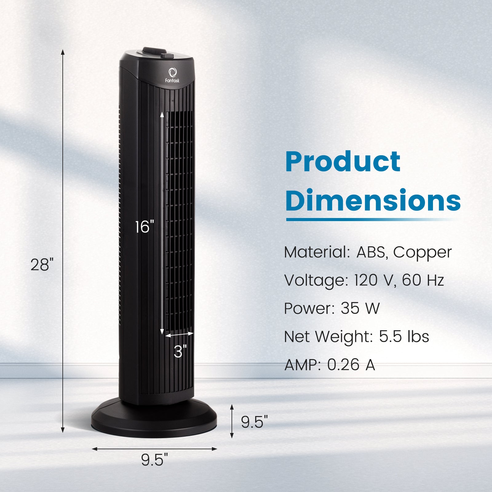 Fantask 35W 28 Inch Quiet Bladeless Oscillating Tower Fan-BlackÂ 