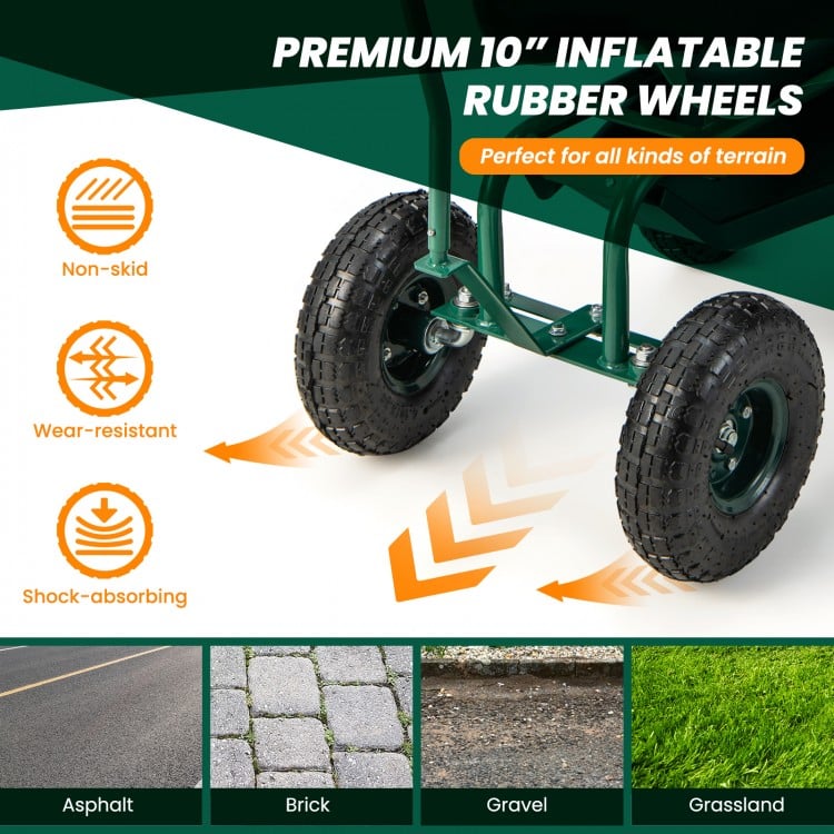 Rolling Garden Cart with Height Adjustable Swivel Seat and Storage Basket-Green