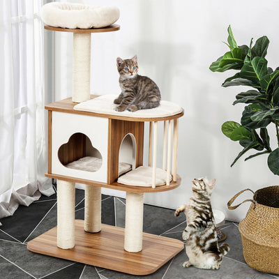 46 Inch Wooden Cat Activity Tree with Platform and Cushions-Brown 