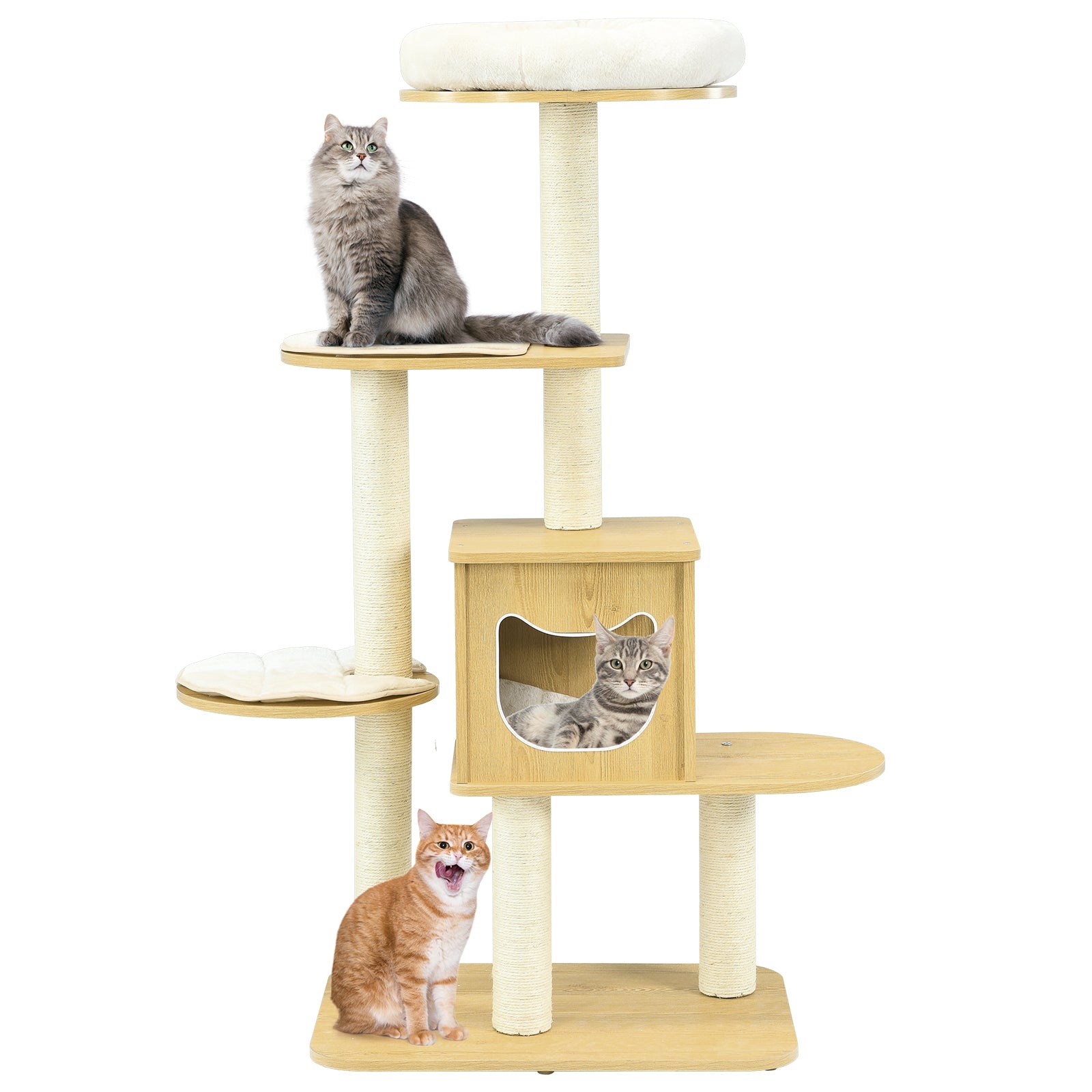 4 Levels Modern Wood Cat Tower with Washable Mats-Walnut