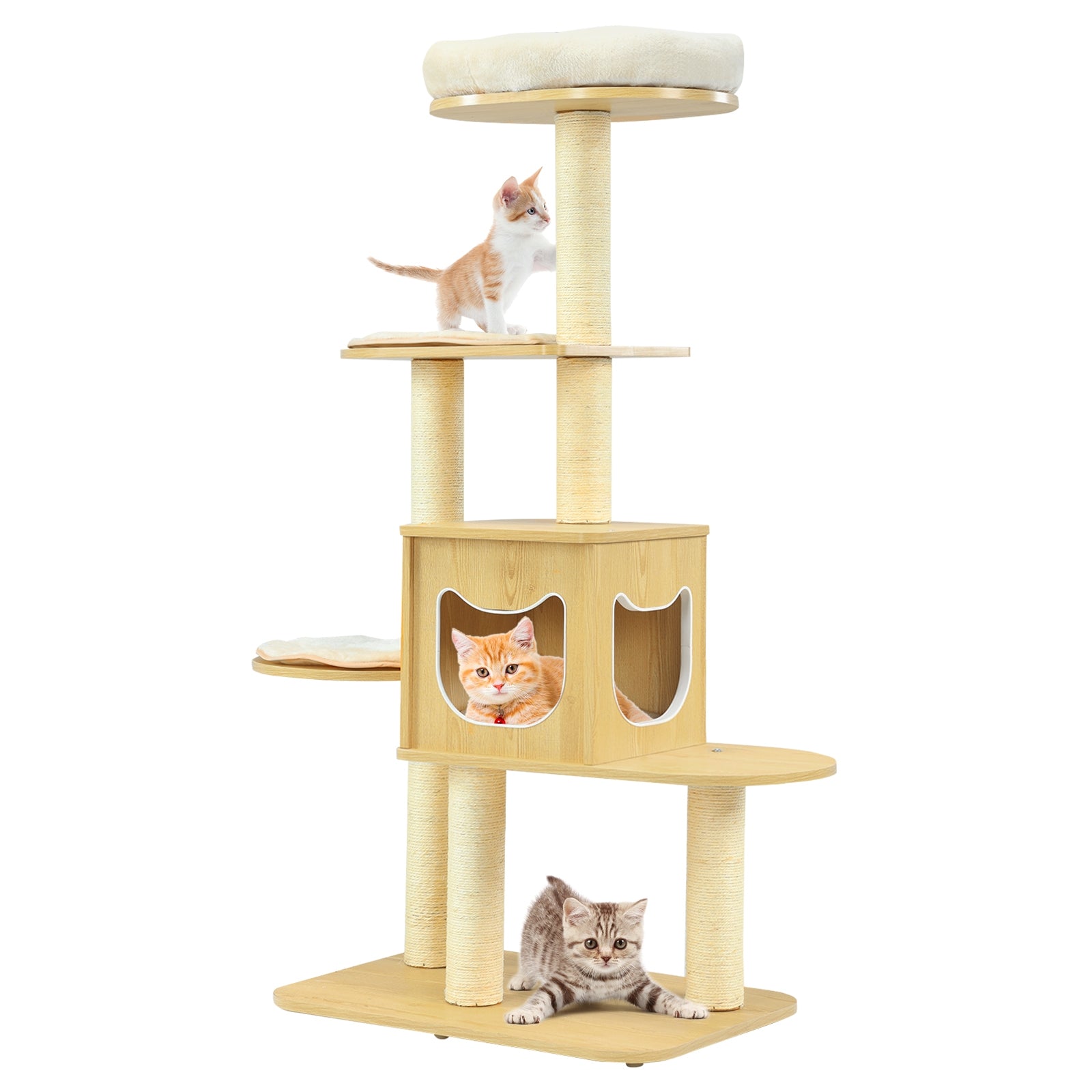 4 Levels Modern Wood Cat Tower with Washable Mats-Walnut