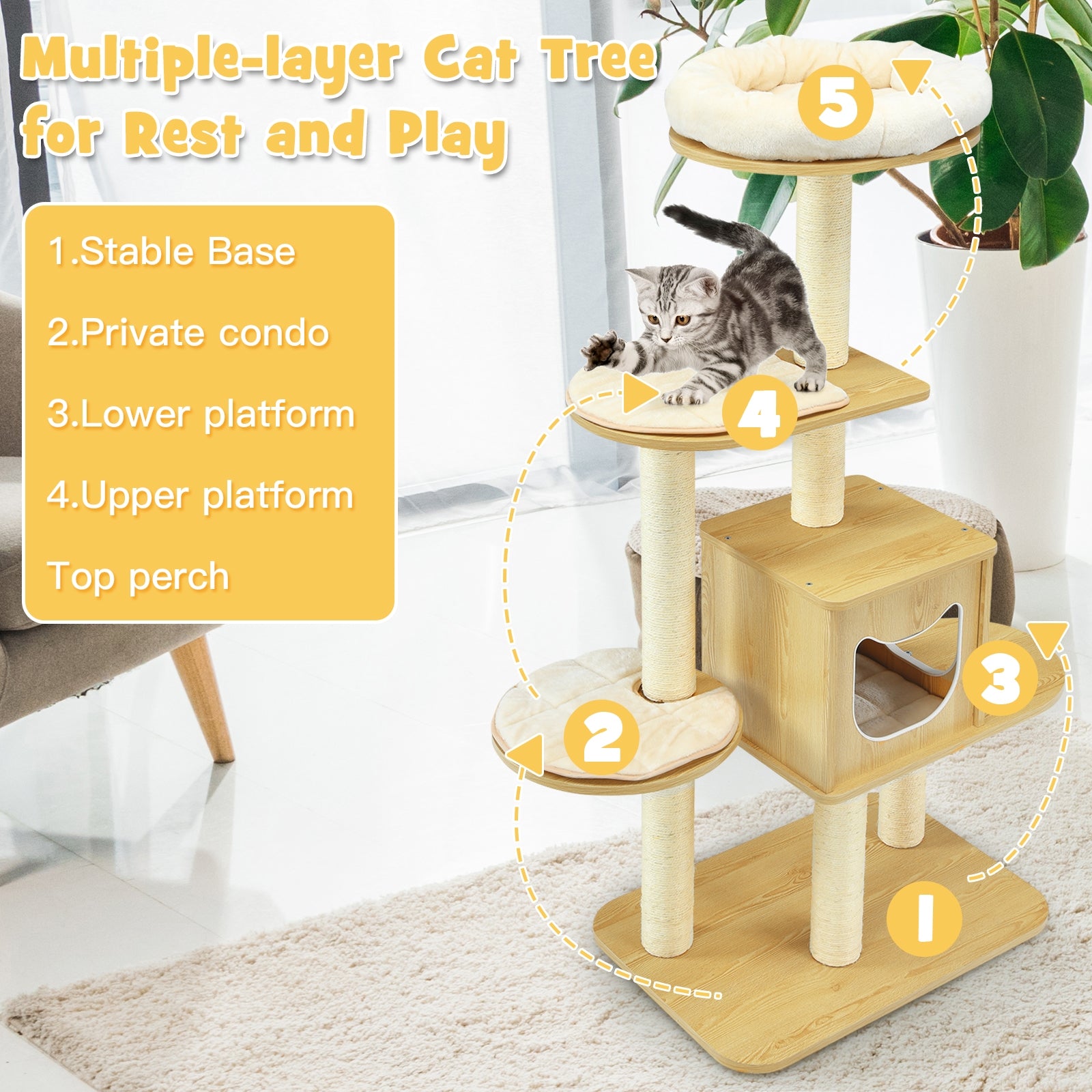 4 Levels Modern Wood Cat Tower with Washable Mats-Walnut