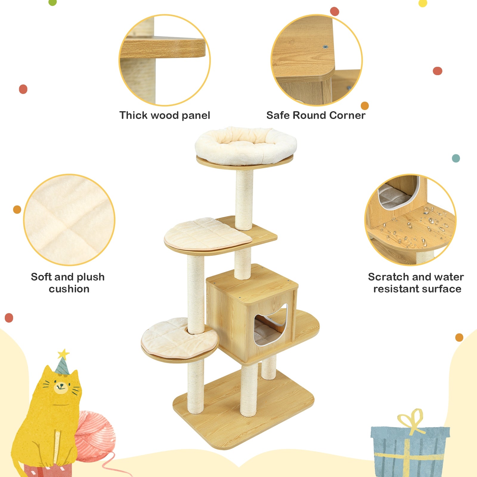 4 Levels Modern Wood Cat Tower with Washable Mats-Walnut